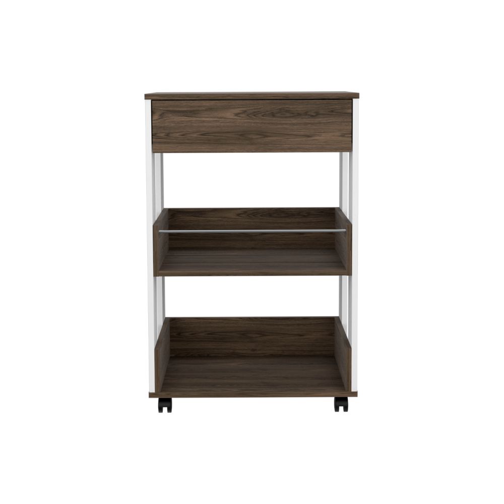 Pillar Kitchen Cart, Four Casters, Three Shelves, White / Dark Walnut - Luciddepo