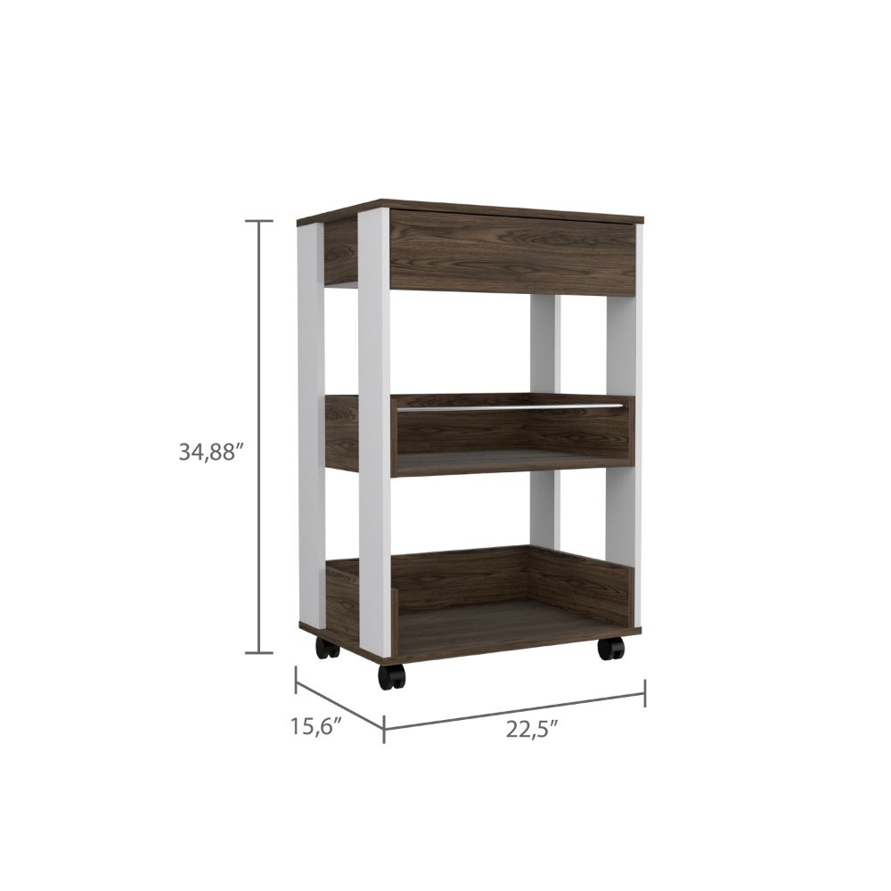 Pillar Kitchen Cart, Four Casters, Three Shelves, White / Dark Walnut - Luciddepo