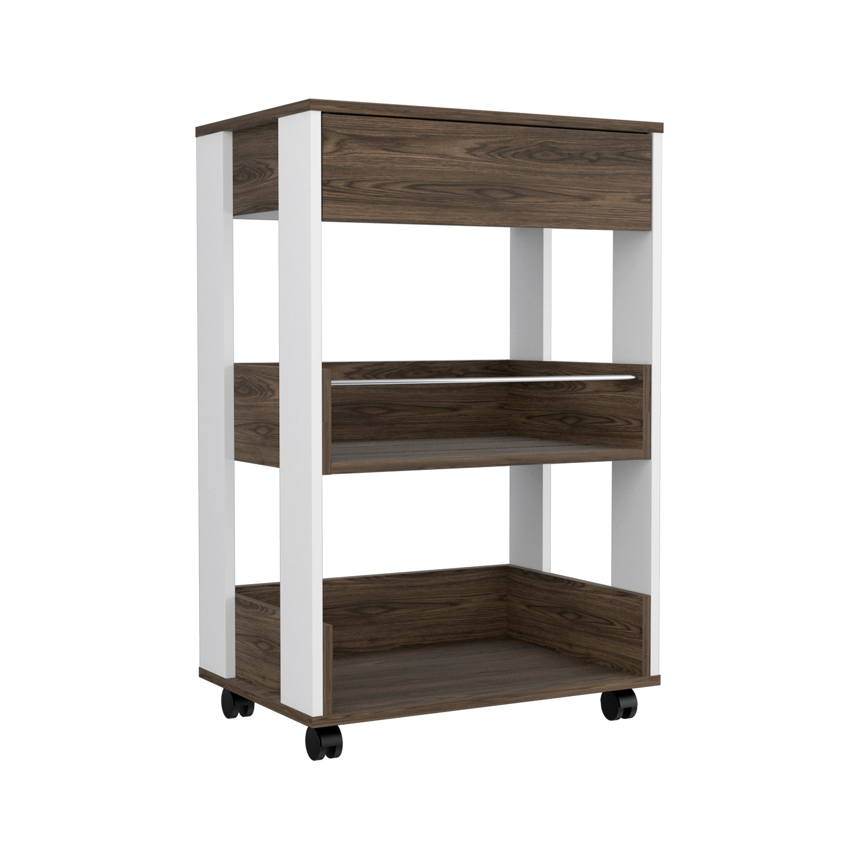 Pillar Kitchen Cart, Four Casters, Three Shelves, White / Dark Walnut - Luciddepo