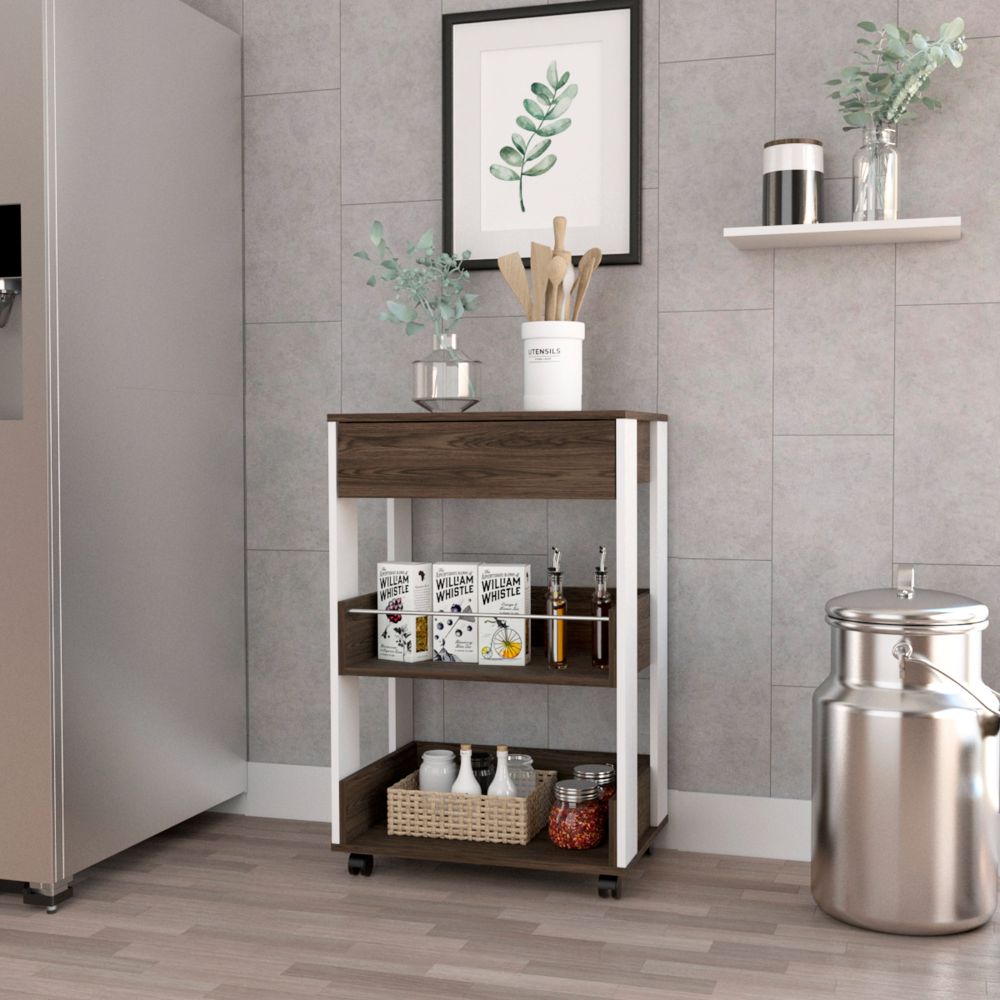 Pillar Kitchen Cart, Four Casters, Three Shelves, White / Dark Walnut - Luciddepo