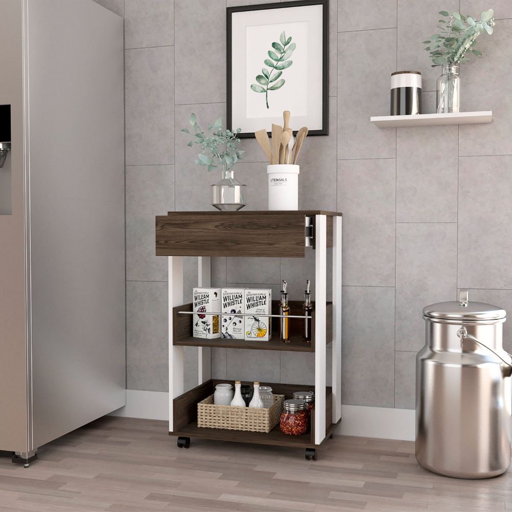 Pillar Kitchen Cart, Four Casters, Three Shelves, White / Dark Walnut - Luciddepo