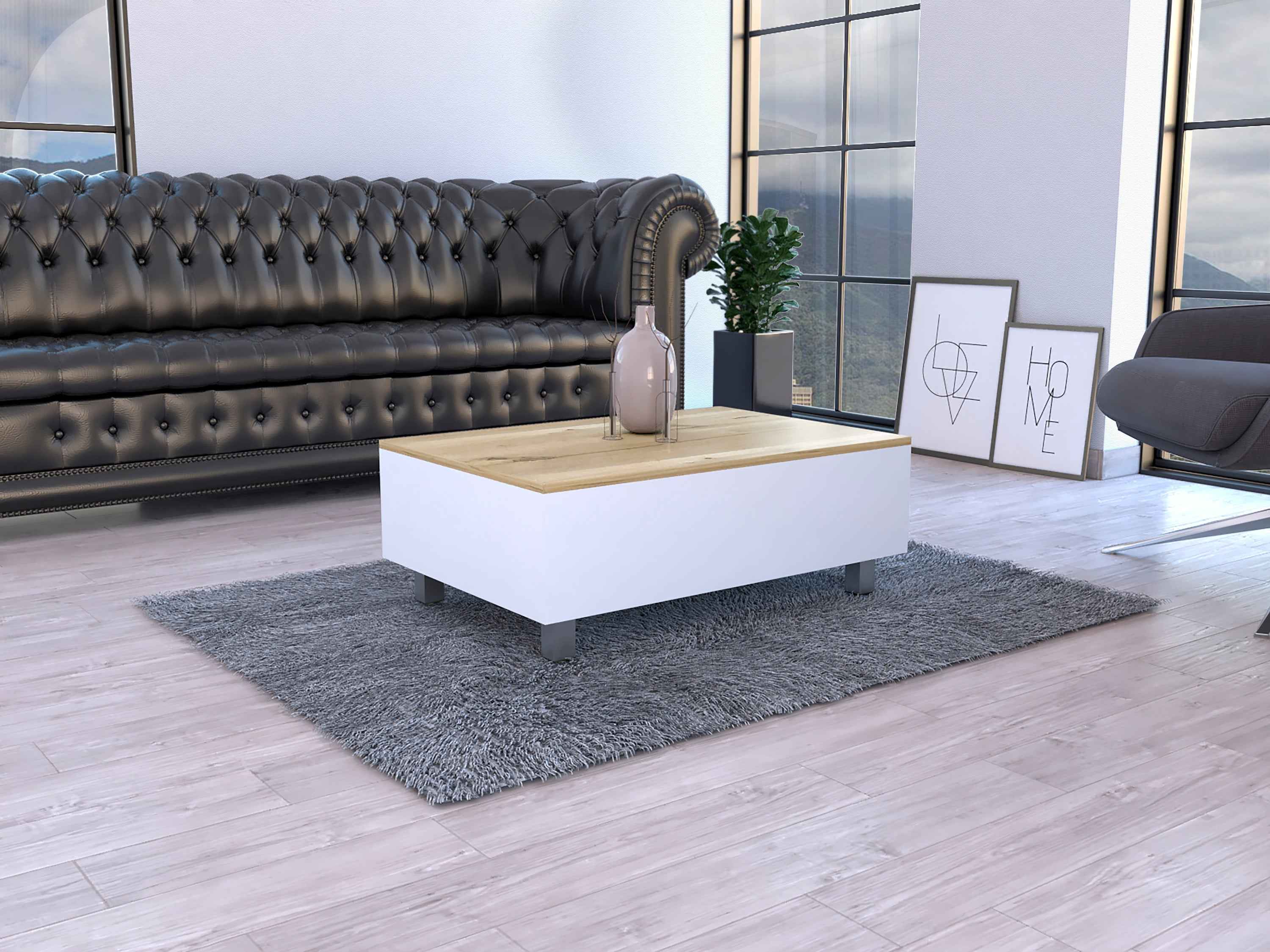 Aran Lift Top Coffee Table, Storage Compartment, White / Light Oak