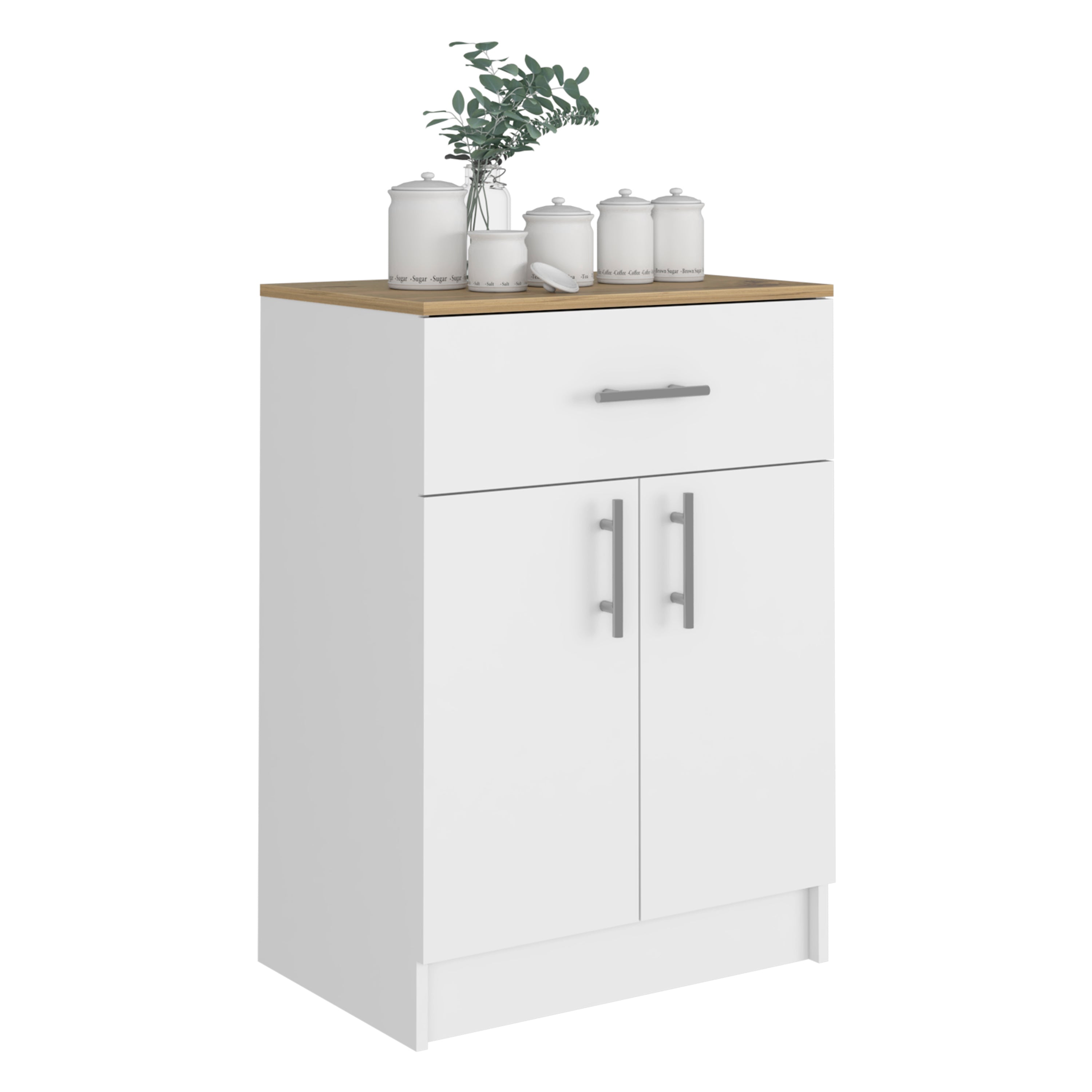 Barbados Pantry Organizer Cabinet with One Drawer, Two Interior Shelves, and Two Doors, White/Light Oak - Luciddepo