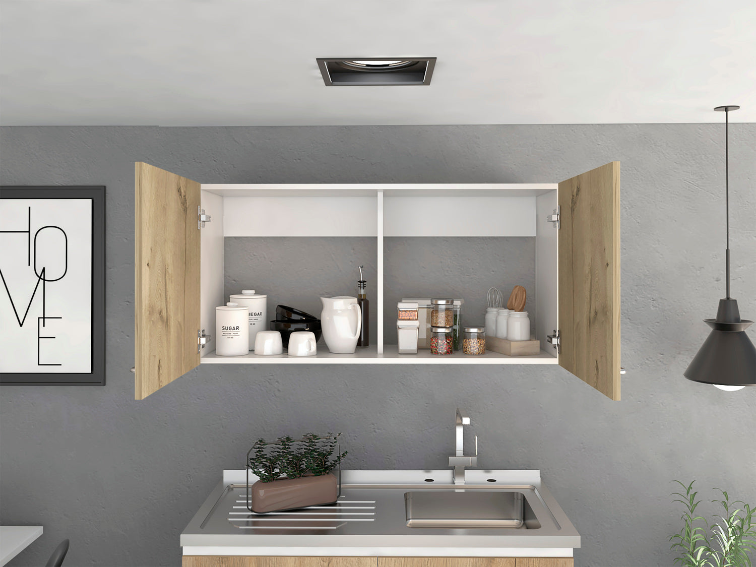 Salento Wall Double Door Cabinet, Two Shelves, White / Light Oak - Luciddepo