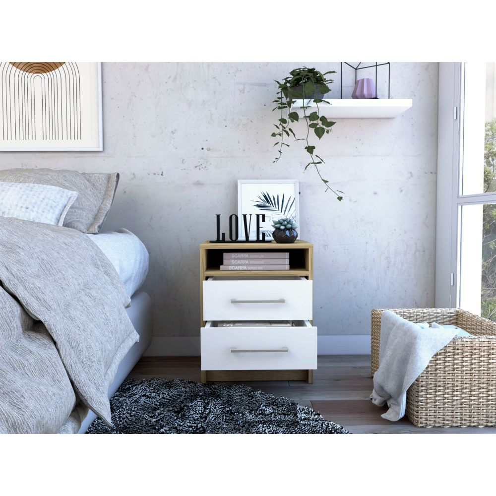 Leyva Nightstand, Two Drawers, Superior Top, White / Light Oak - Luciddepo
