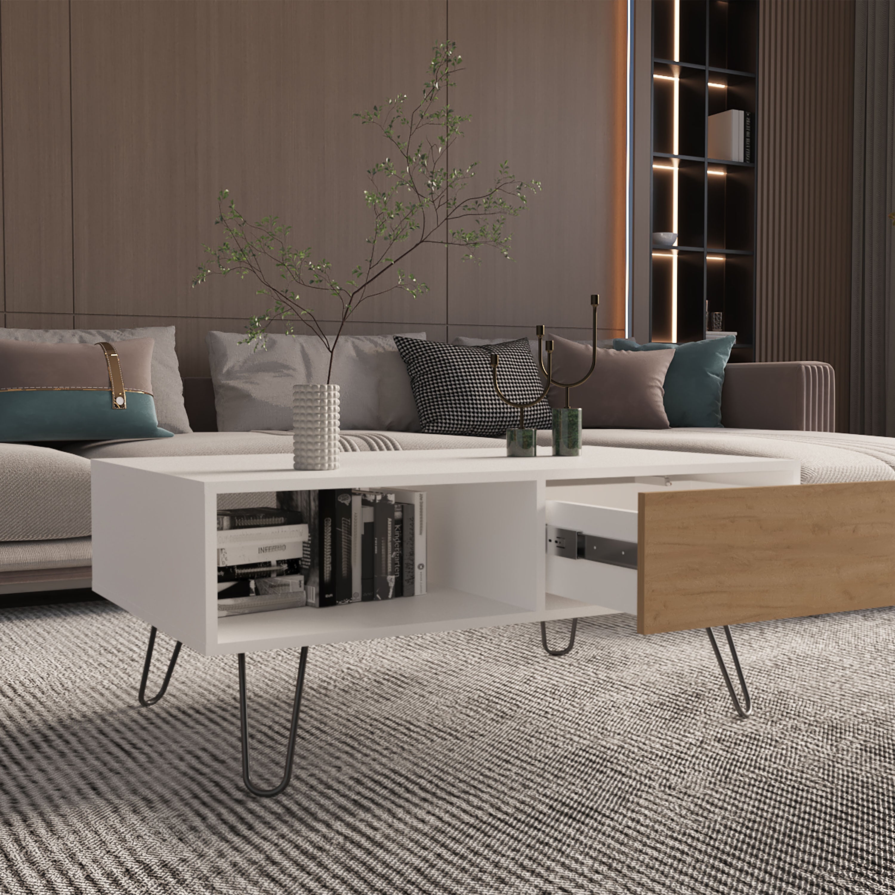 Ranlo Coffee Table, 1 Drawer, 1 Shelf, White / Natural Oak - Luciddepo