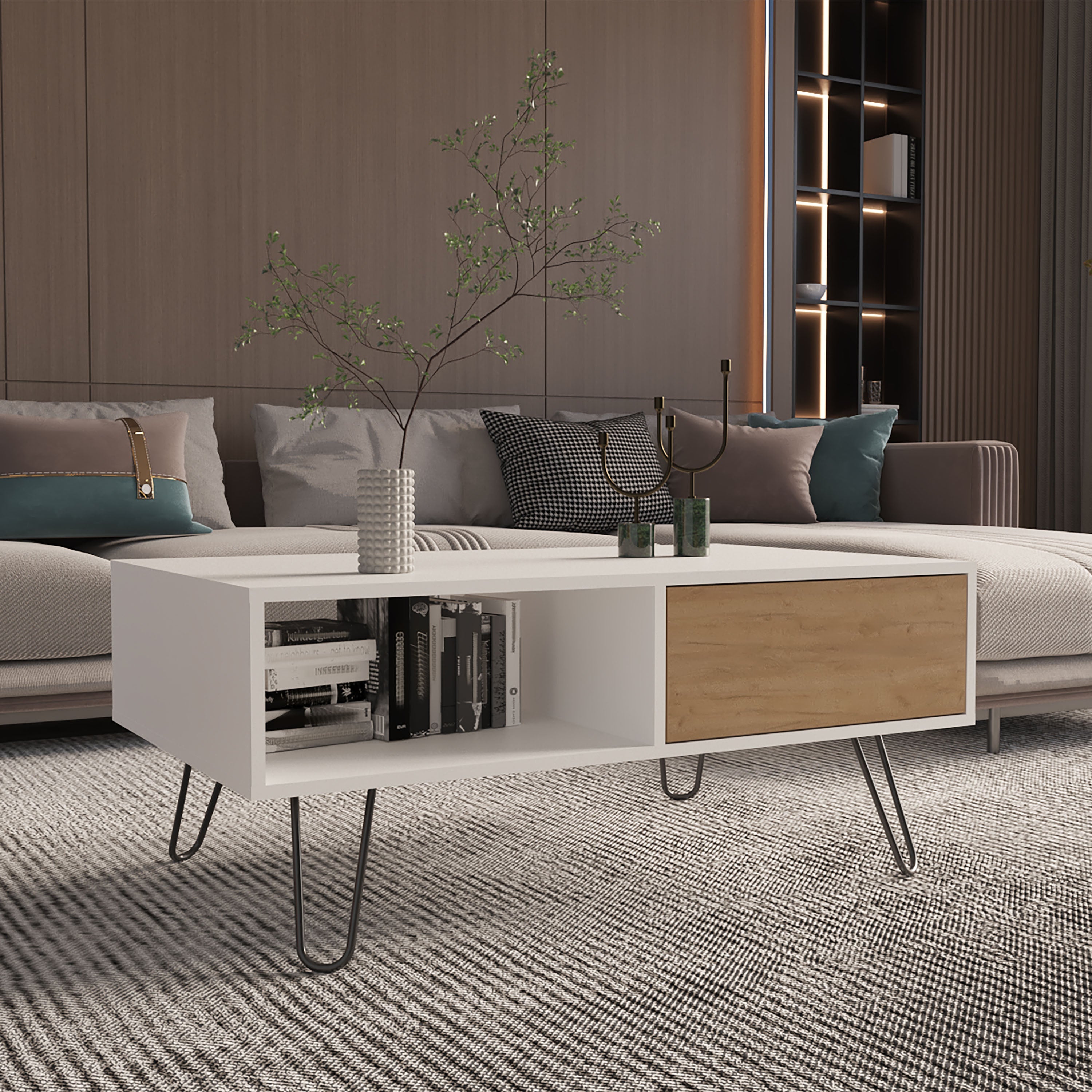 Ranlo Coffee Table, 1 Drawer, 1 Shelf, White / Natural Oak - Luciddepo