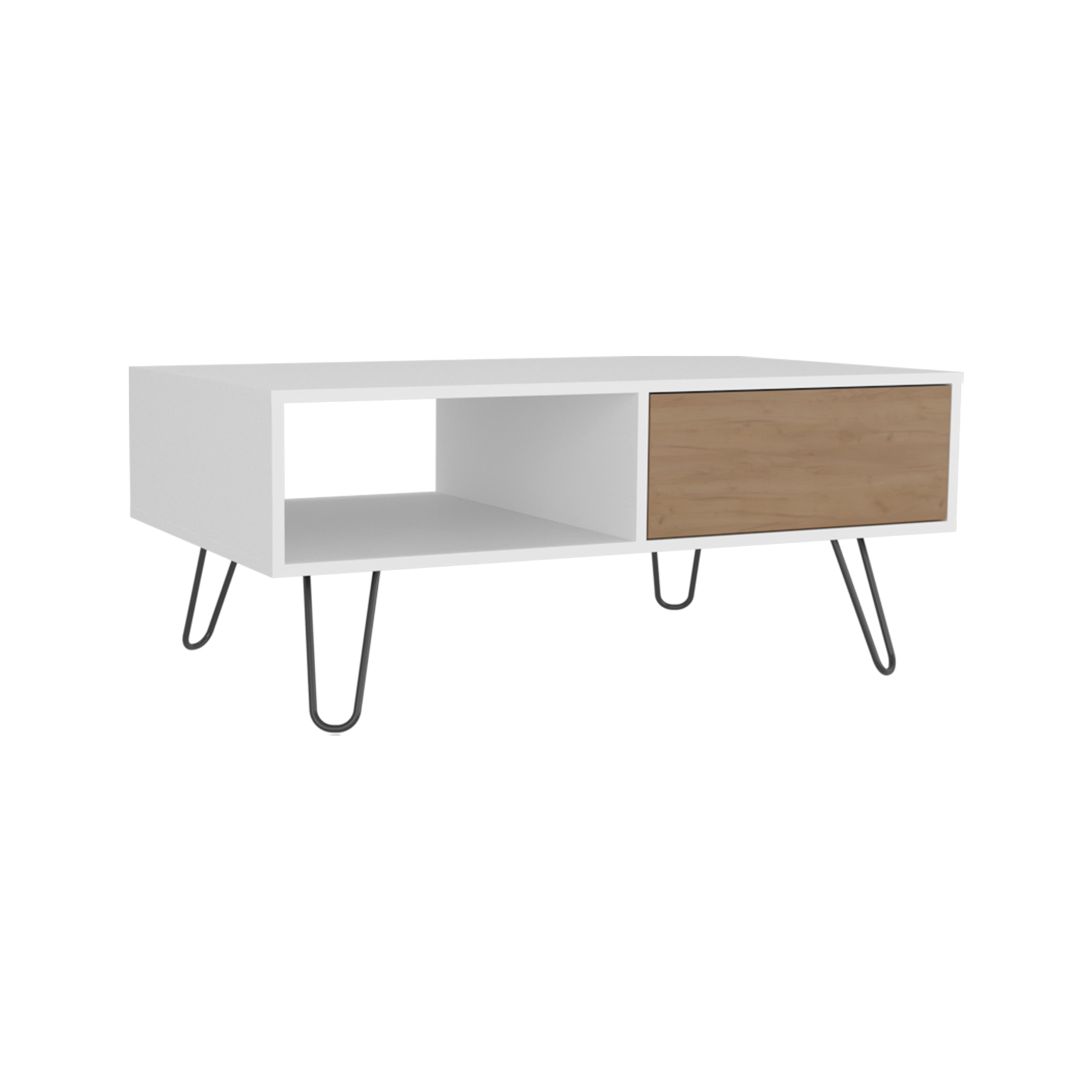 Ranlo Coffee Table, 1 Drawer, 1 Shelf, White / Natural Oak - Luciddepo