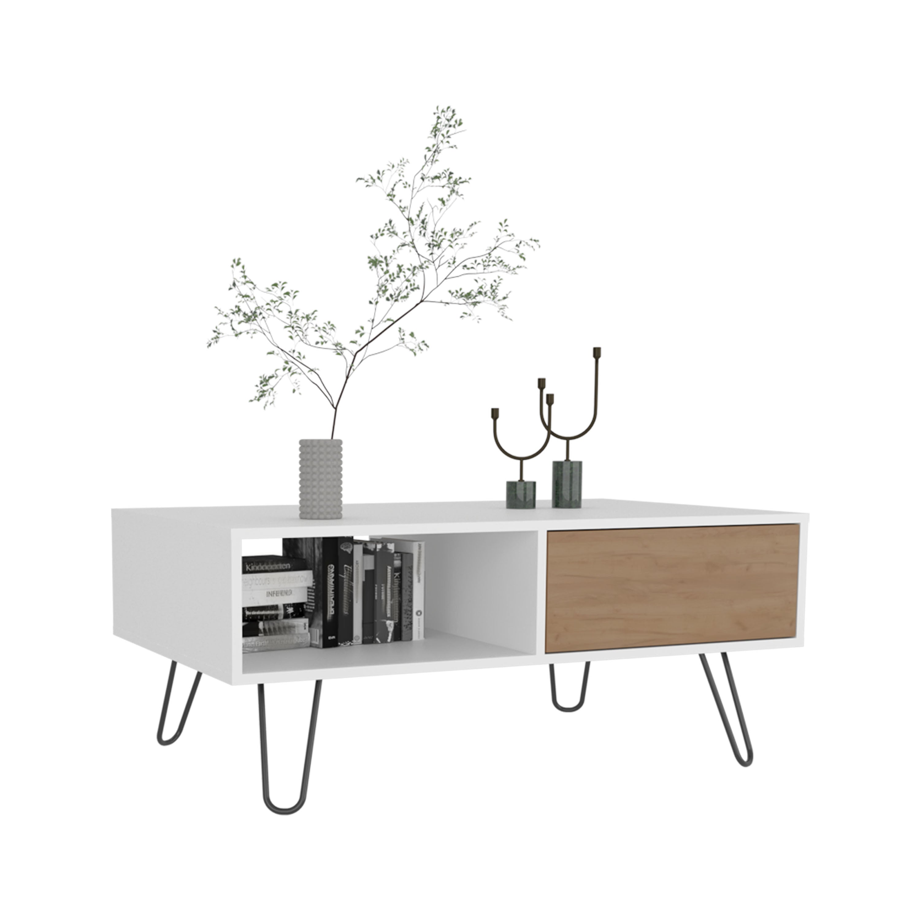 Ranlo Coffee Table, 1 Drawer, 1 Shelf, White / Natural Oak - Luciddepo