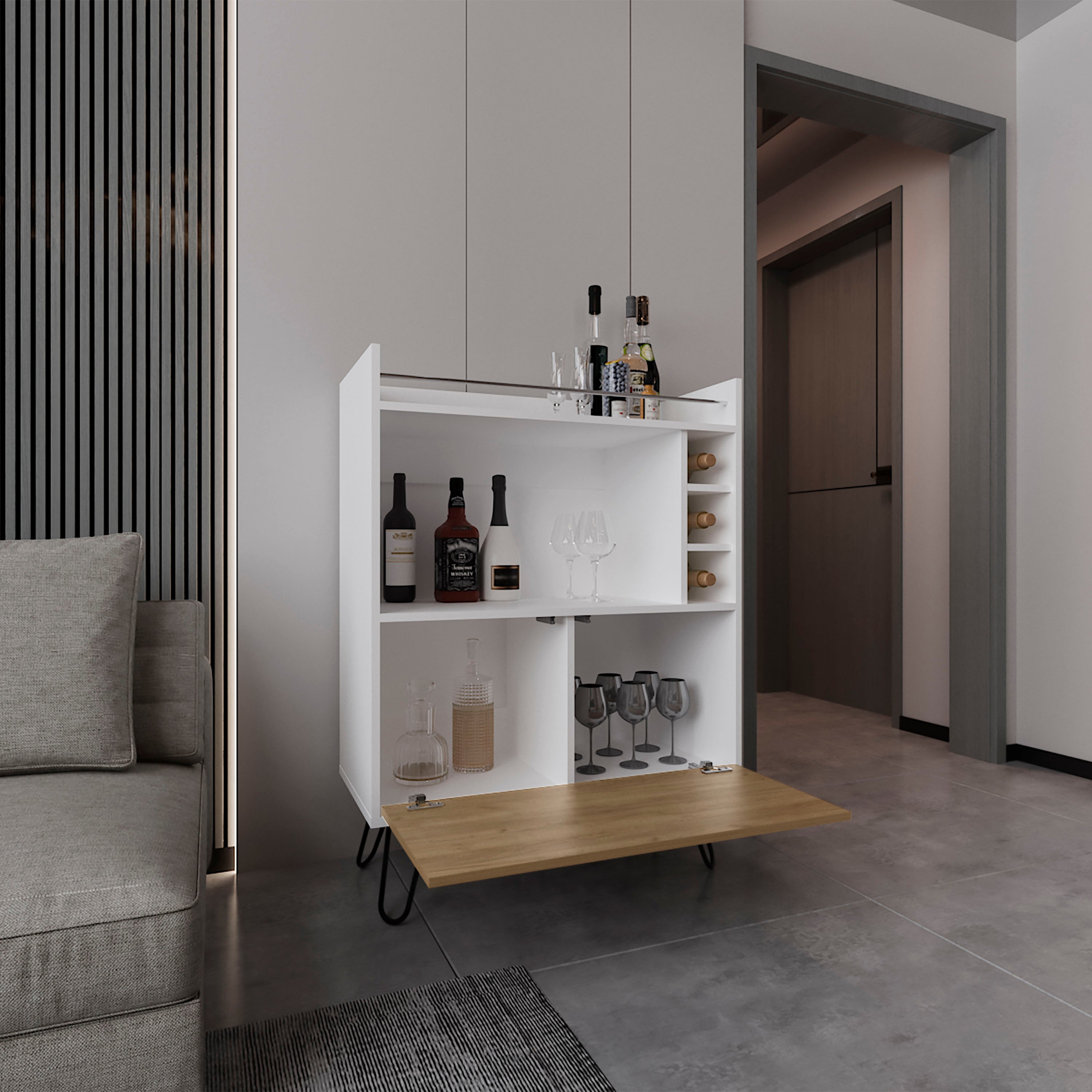 Topton Bar Cabinet, 1 Door, 4 Shelves, White / Natural Oak - Luciddepo