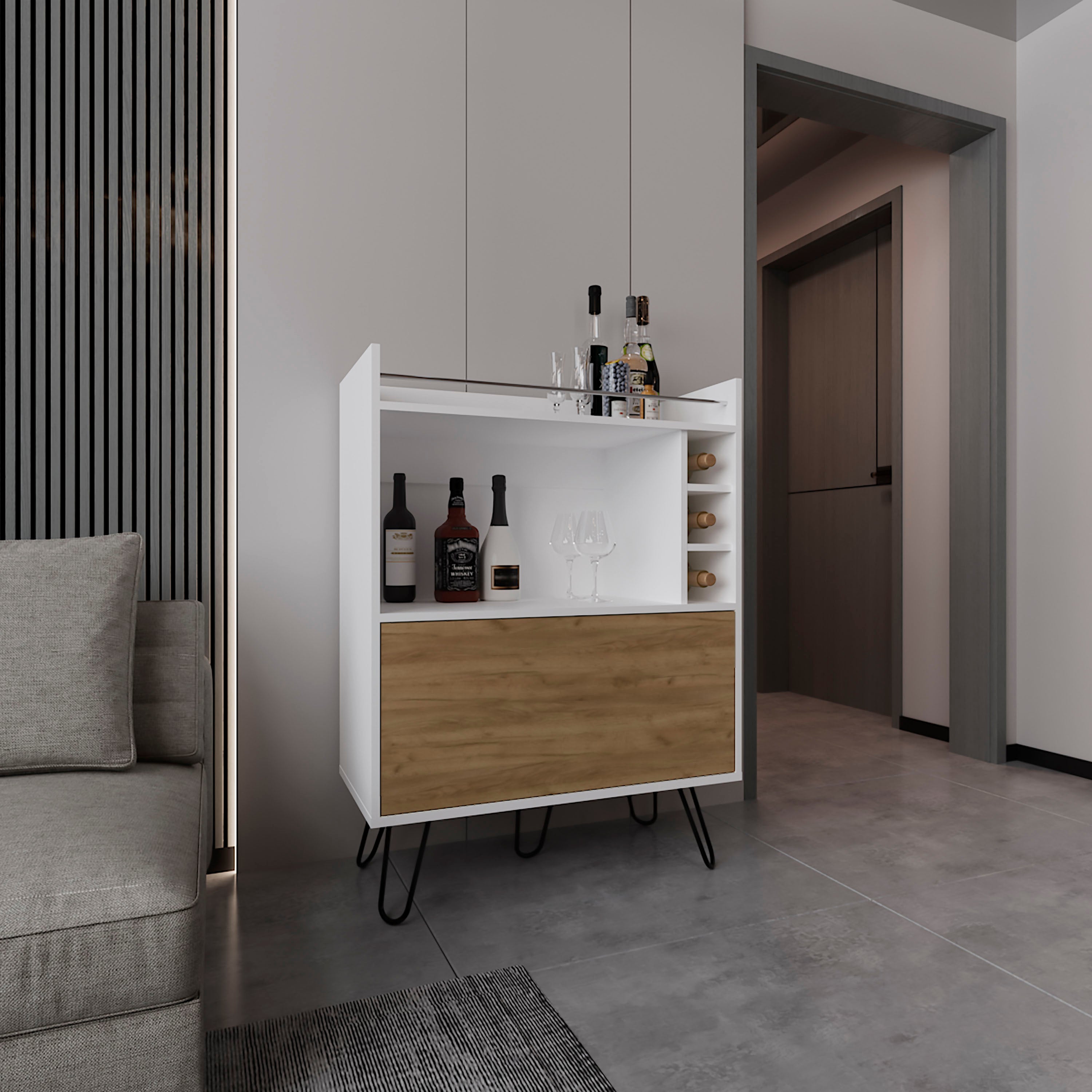 Topton Bar Cabinet, 1 Door, 4 Shelves, White / Natural Oak - Luciddepo