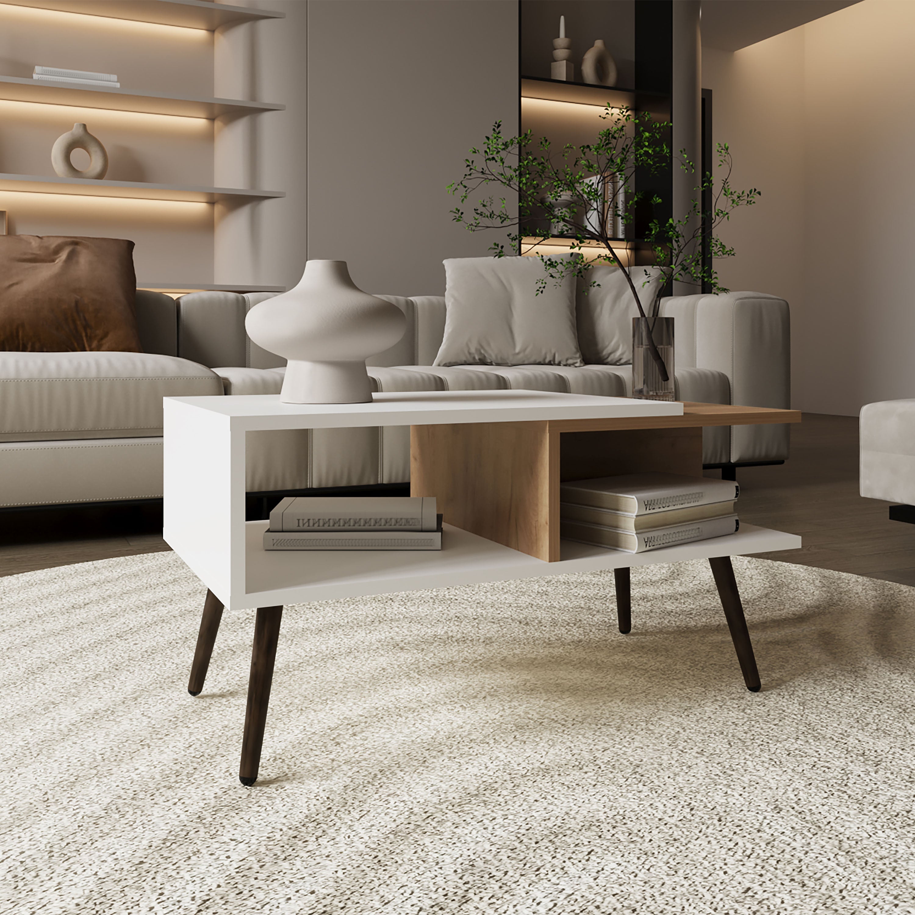 Drexel Coffee Table, 2 Shelves, 4 legs, White / Natural Oak - Luciddepo