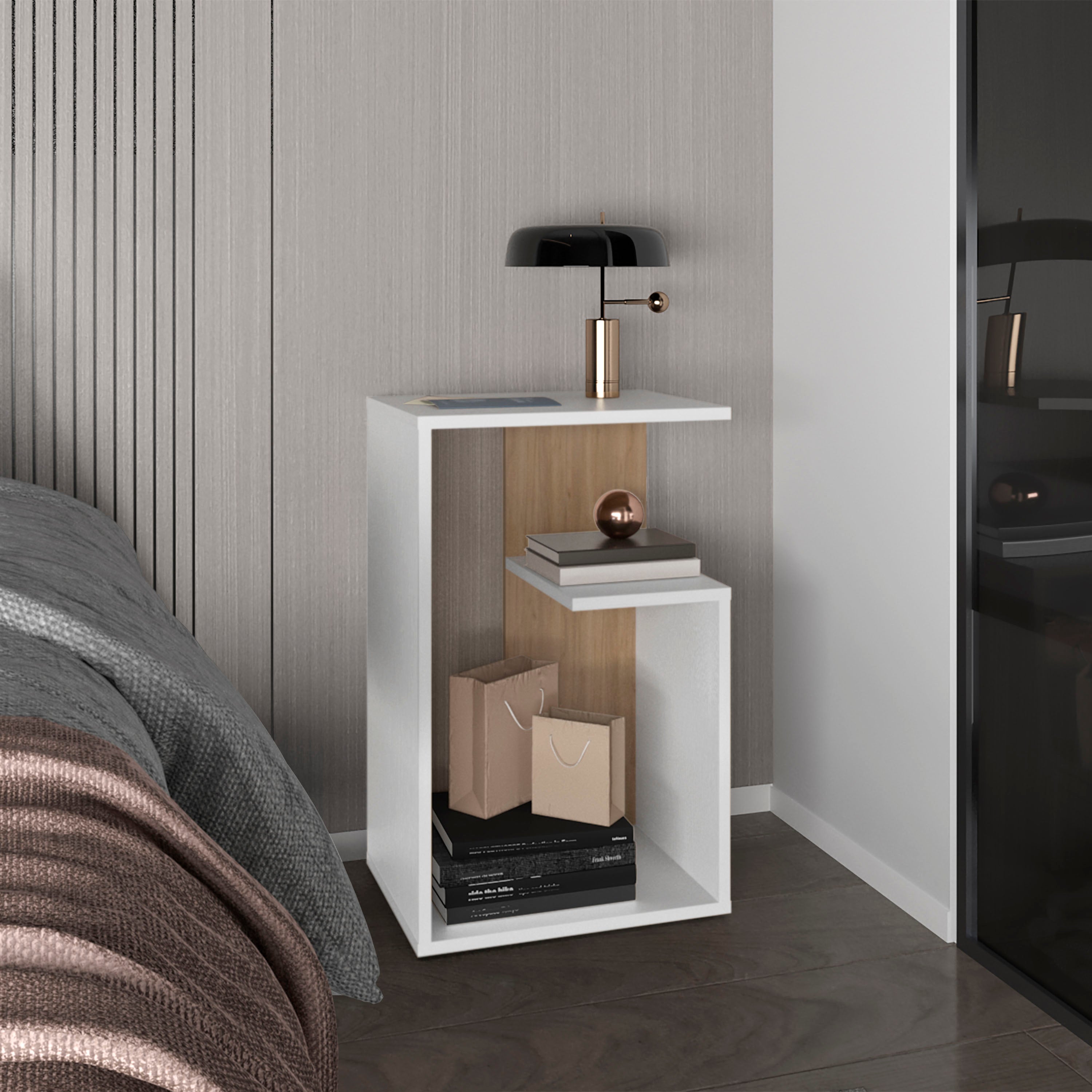 Stebbins Side Table, 2 Shelves, White Washed Oak / Natural Oak - Luciddepo