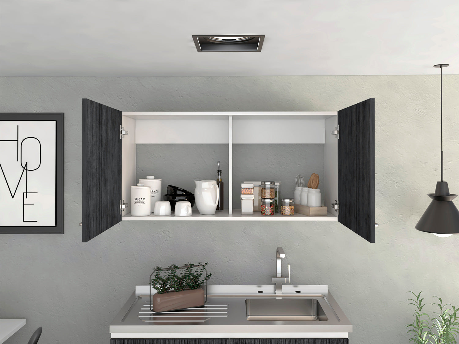 Salento Wall Double Door Cabinet, Two Shelves, White / Smokey Oak - Luciddepo