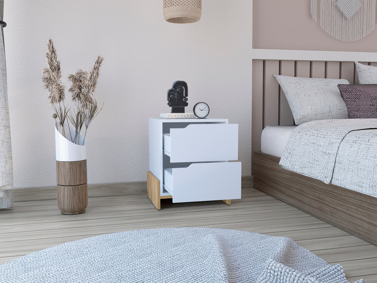 Haines Nightstand with 2-Drawers, End Table with Sturdy Base, White / Macadamia - Luciddepo