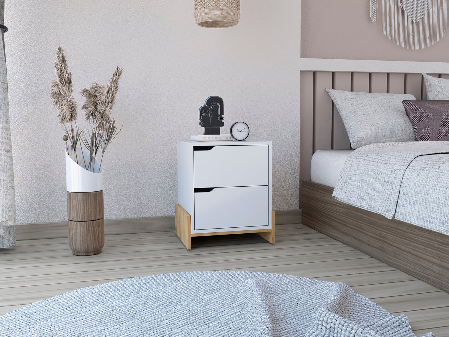 Haines Nightstand with 2-Drawers, End Table with Sturdy Base, White / Macadamia - Luciddepo