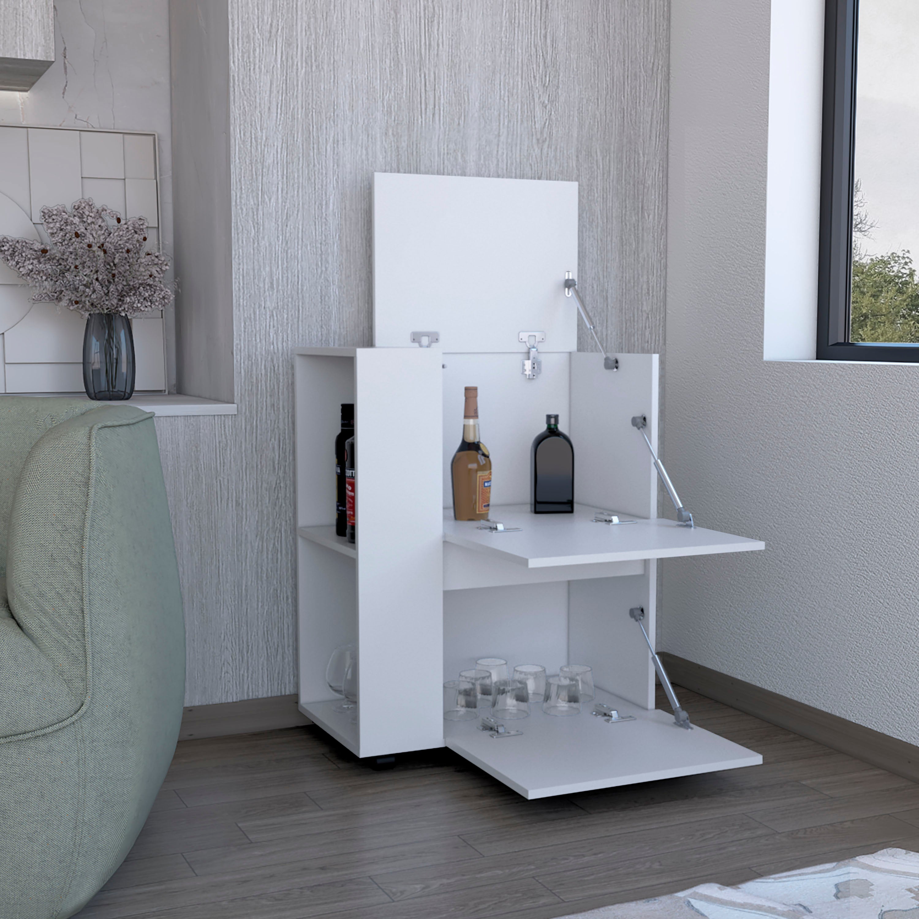 Tully Bar Cart Two Pull-Down Door Cabinets and Two Open Shelves,White - Luciddepo