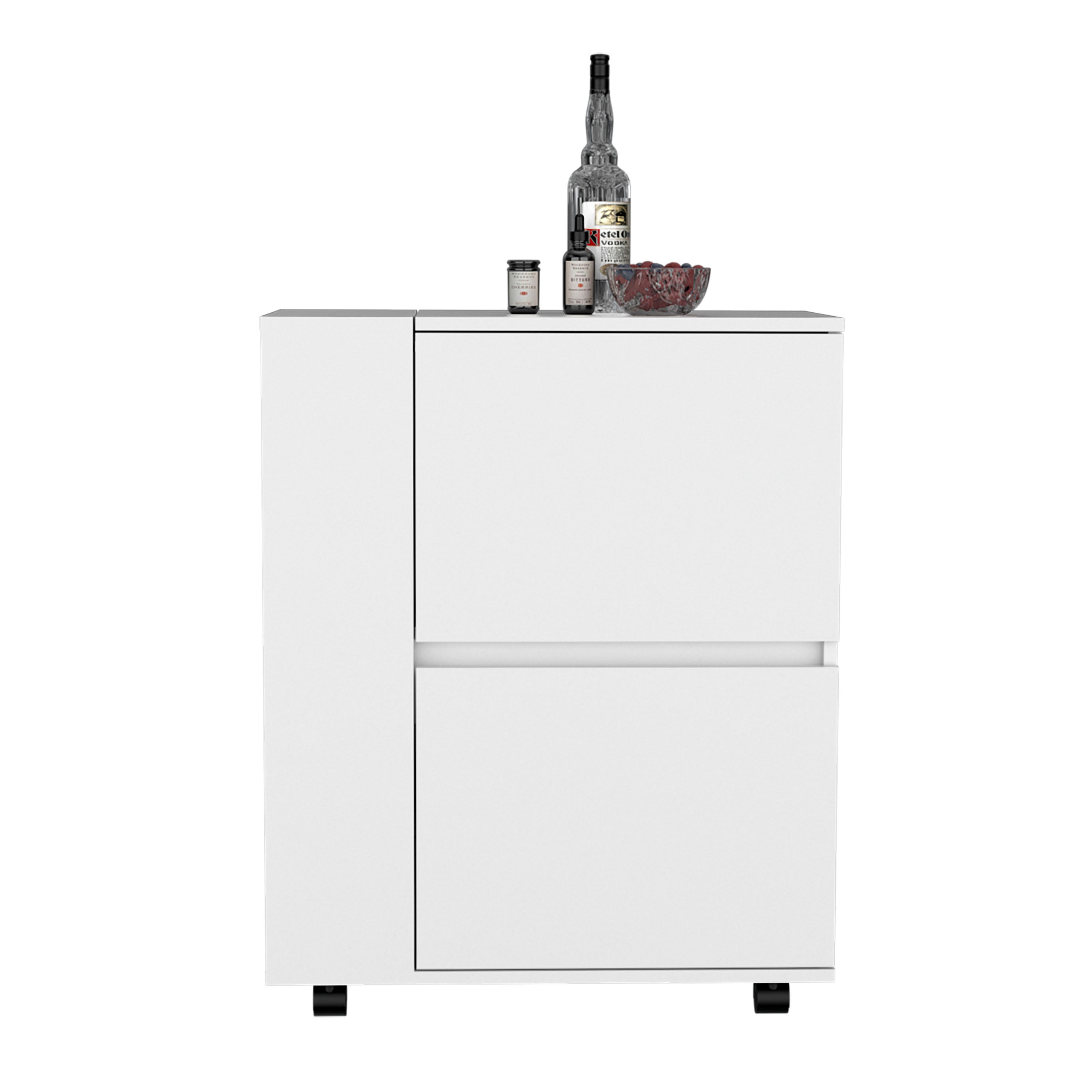 Tully Bar Cart Two Pull-Down Door Cabinets and Two Open Shelves,White - Luciddepo