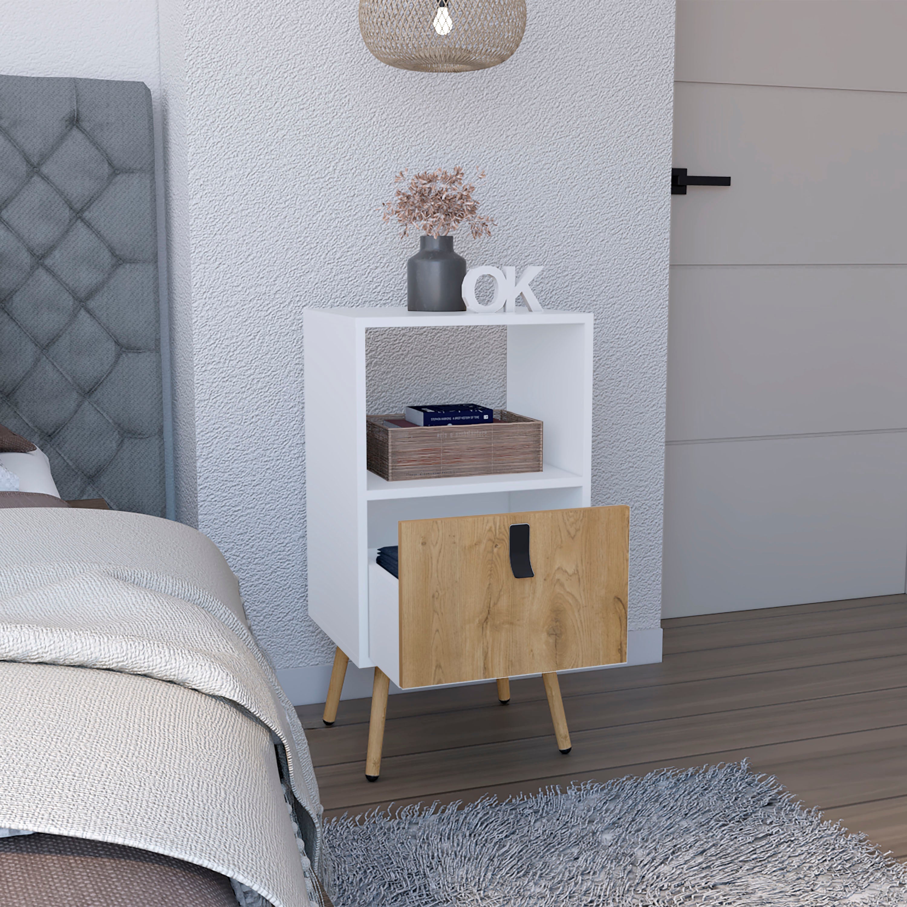 Toka Tall Nightstand with Drawer and Functional Storage - Luciddepo