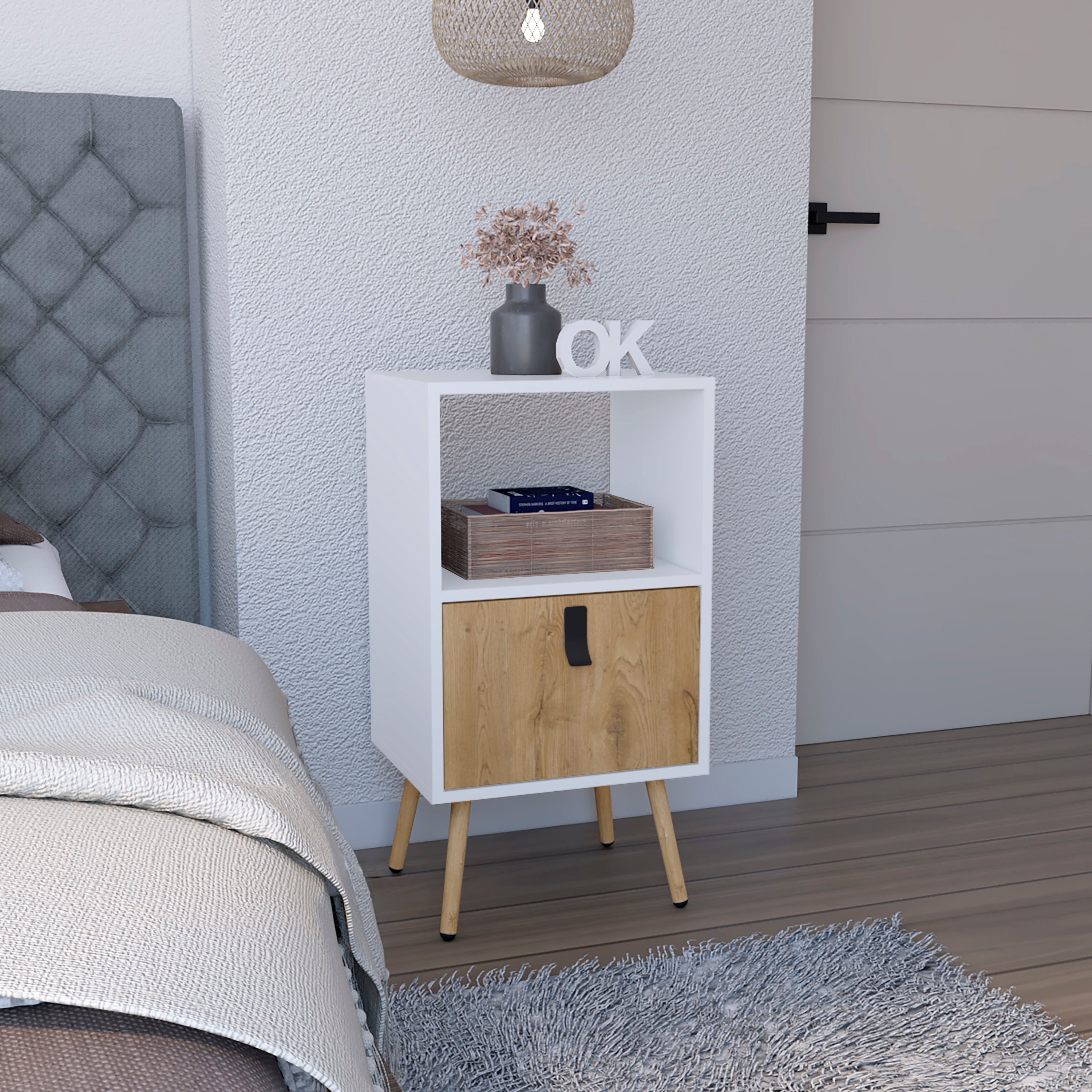 Toka Tall Nightstand with Drawer and Functional Storage - Luciddepo