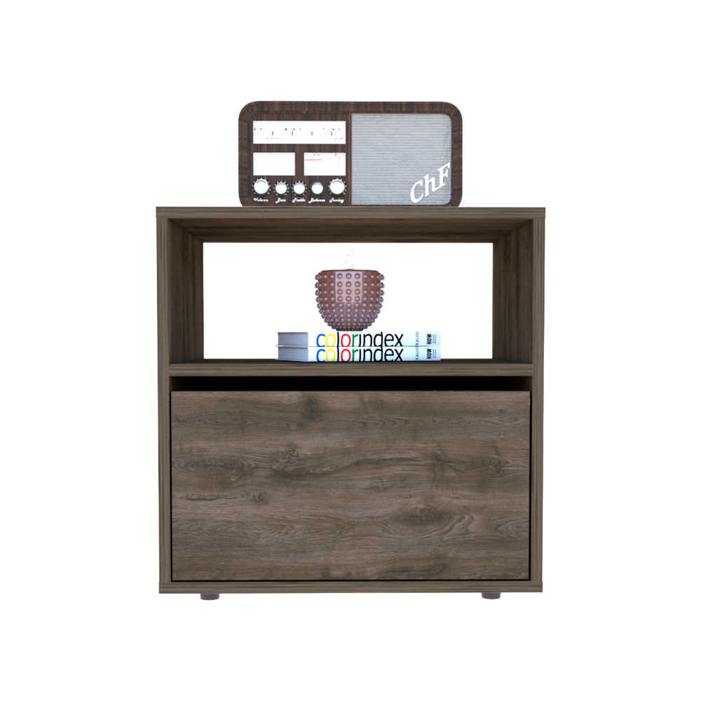 Canadian Nightstand, Superior Top, Open Shelf, One Cabinet, Dark Brown - Luciddepo