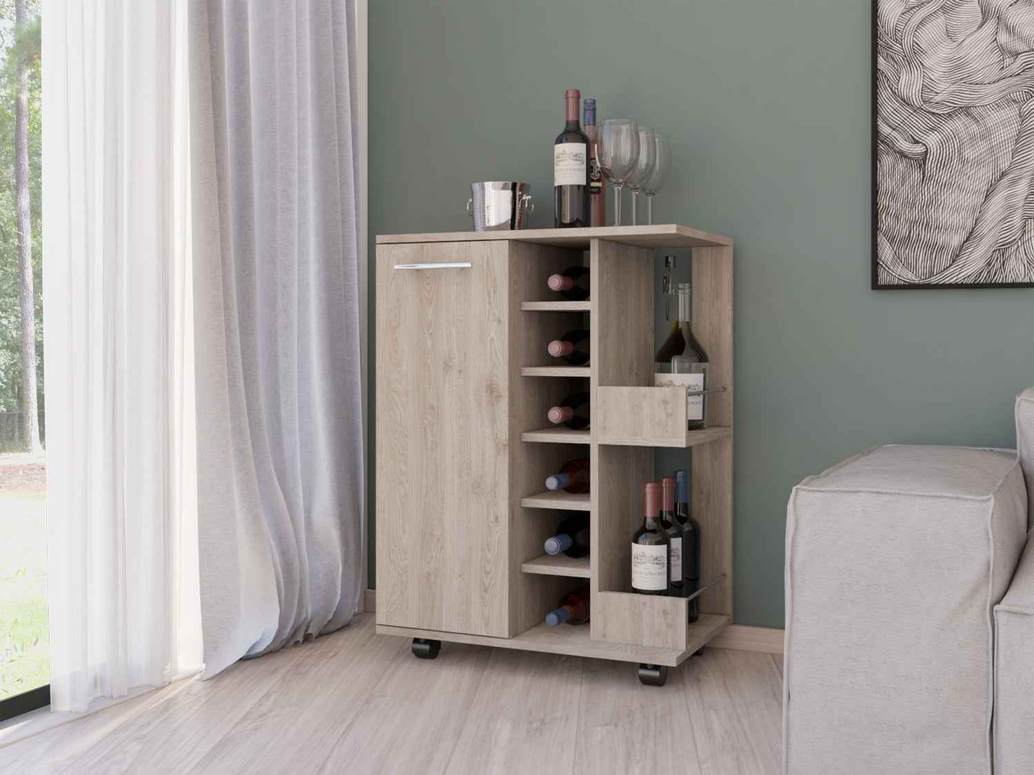 Magda Bar Cart, Four Casters, Six Built-in Wine Rack, Single Door Cabinet, Two External Shelves, Light Gray
