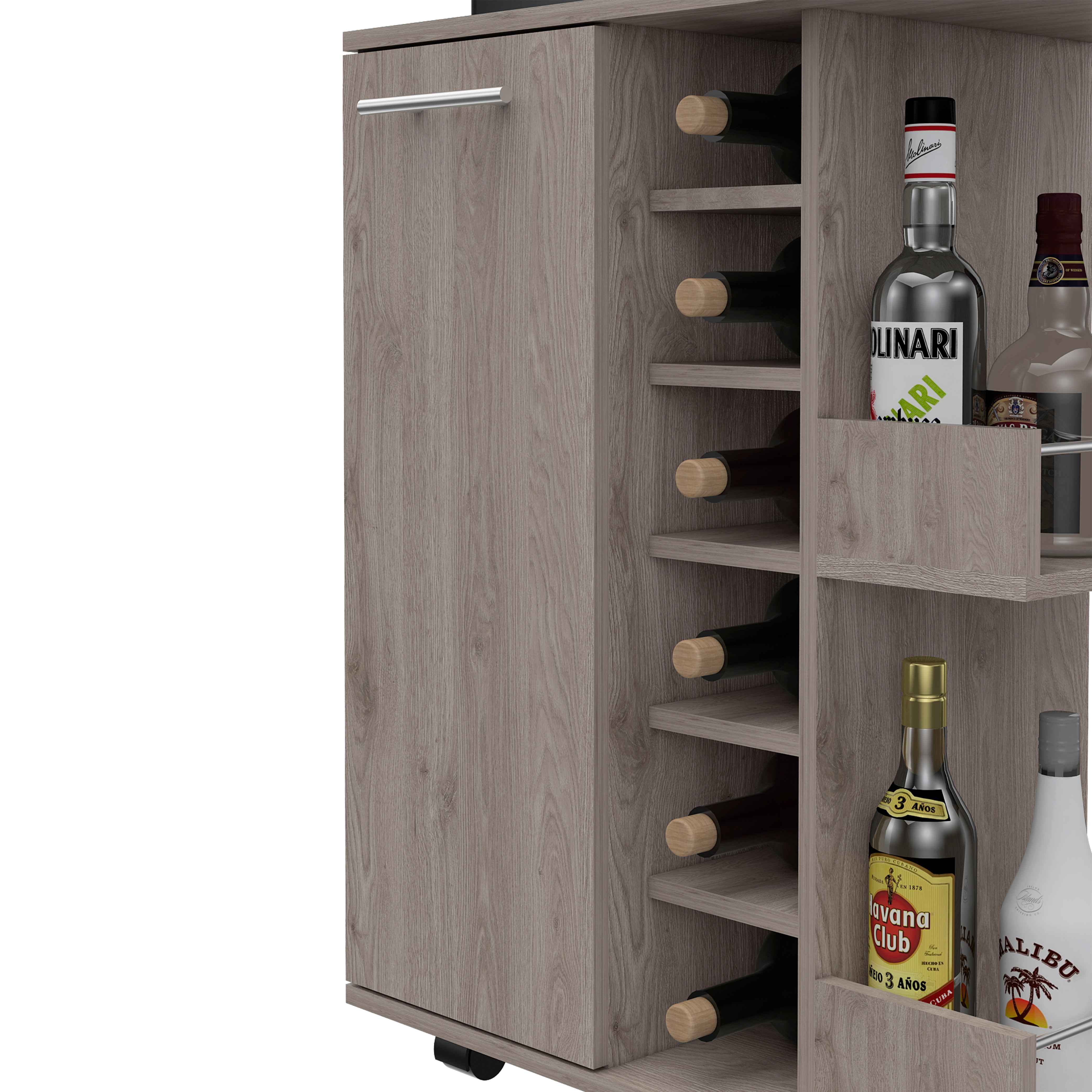 Magda Bar Cart, Four Casters, Six Built-in Wine Rack, Single Door Cabinet, Two External Shelves, Light Gray
