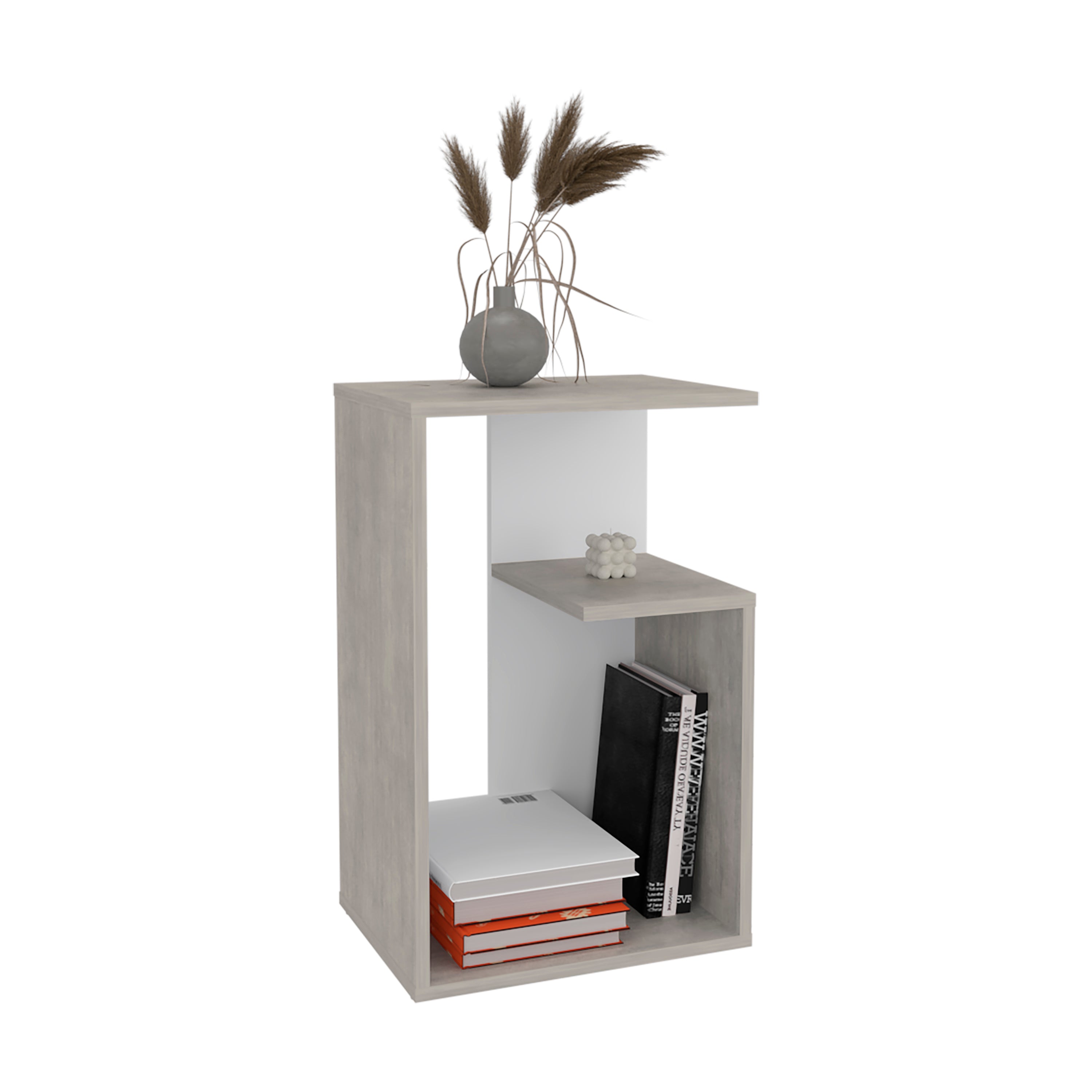 Stebbins Side Table, 2 Shelves, Concrete Gray / White Washed Oak - Luciddepo