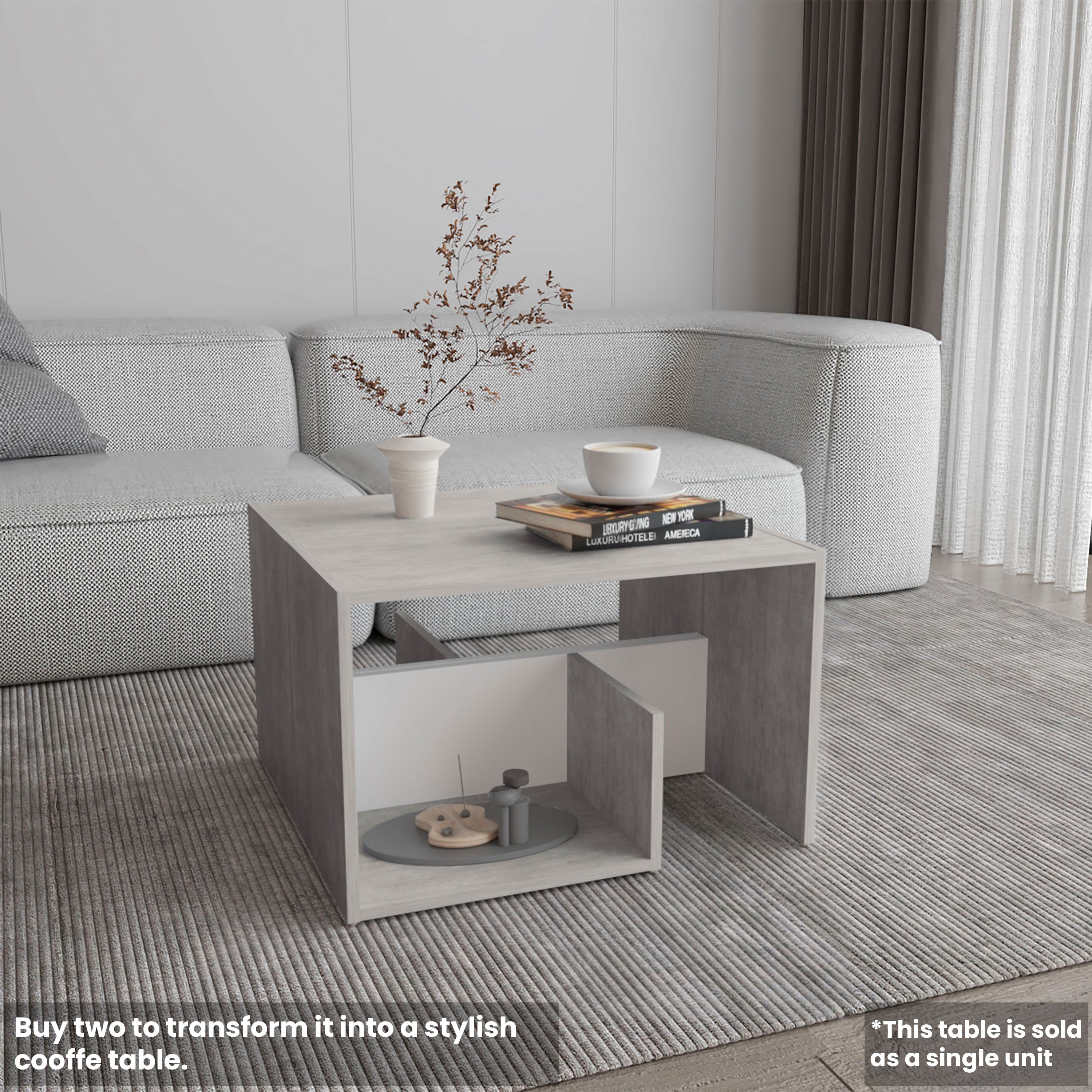 Stebbins Side Table, 2 Shelves, Concrete Gray / White Washed Oak - Luciddepo