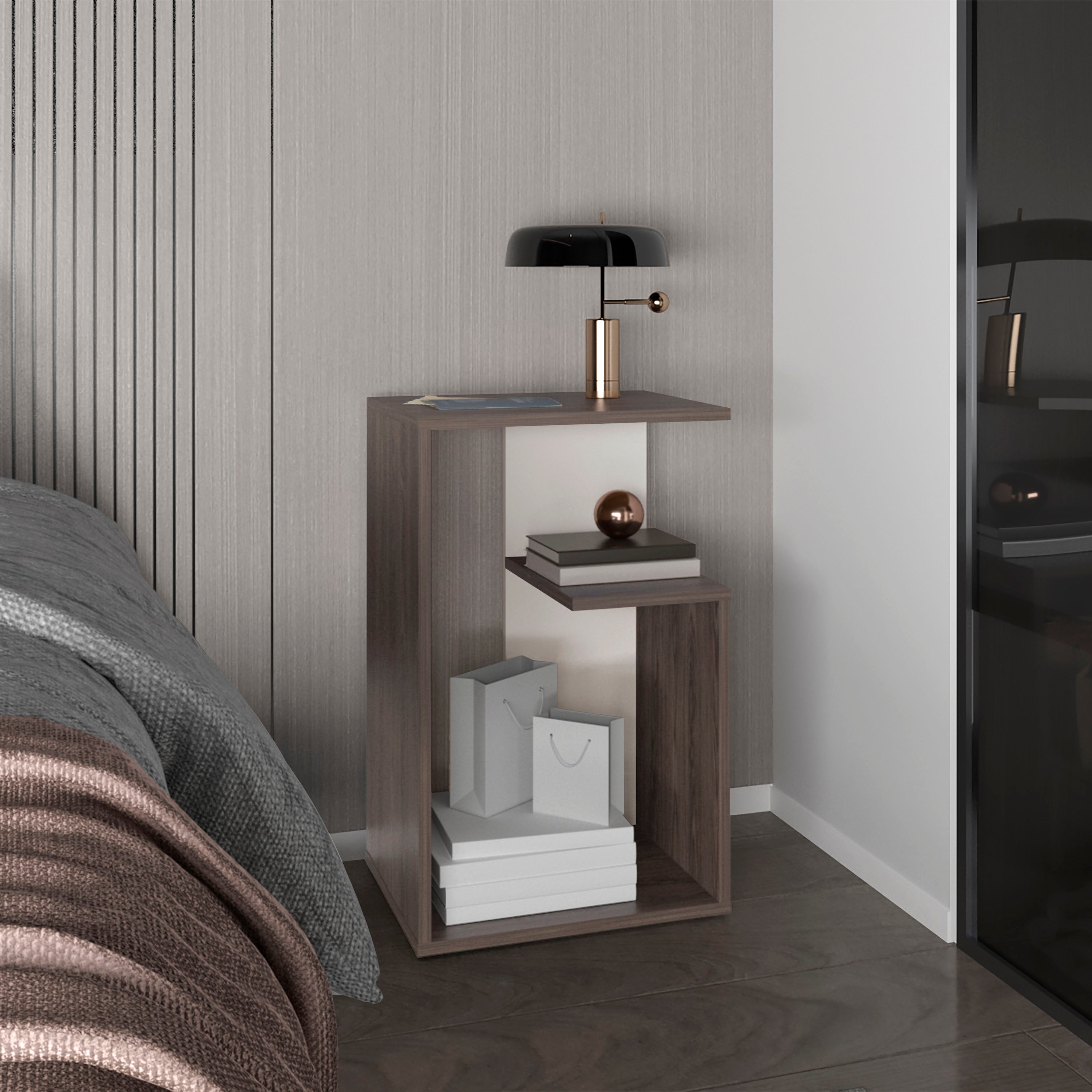 Stebbins Side Table, 2 Shelves, Dark Walnut / White Washed Oak - Luciddepo