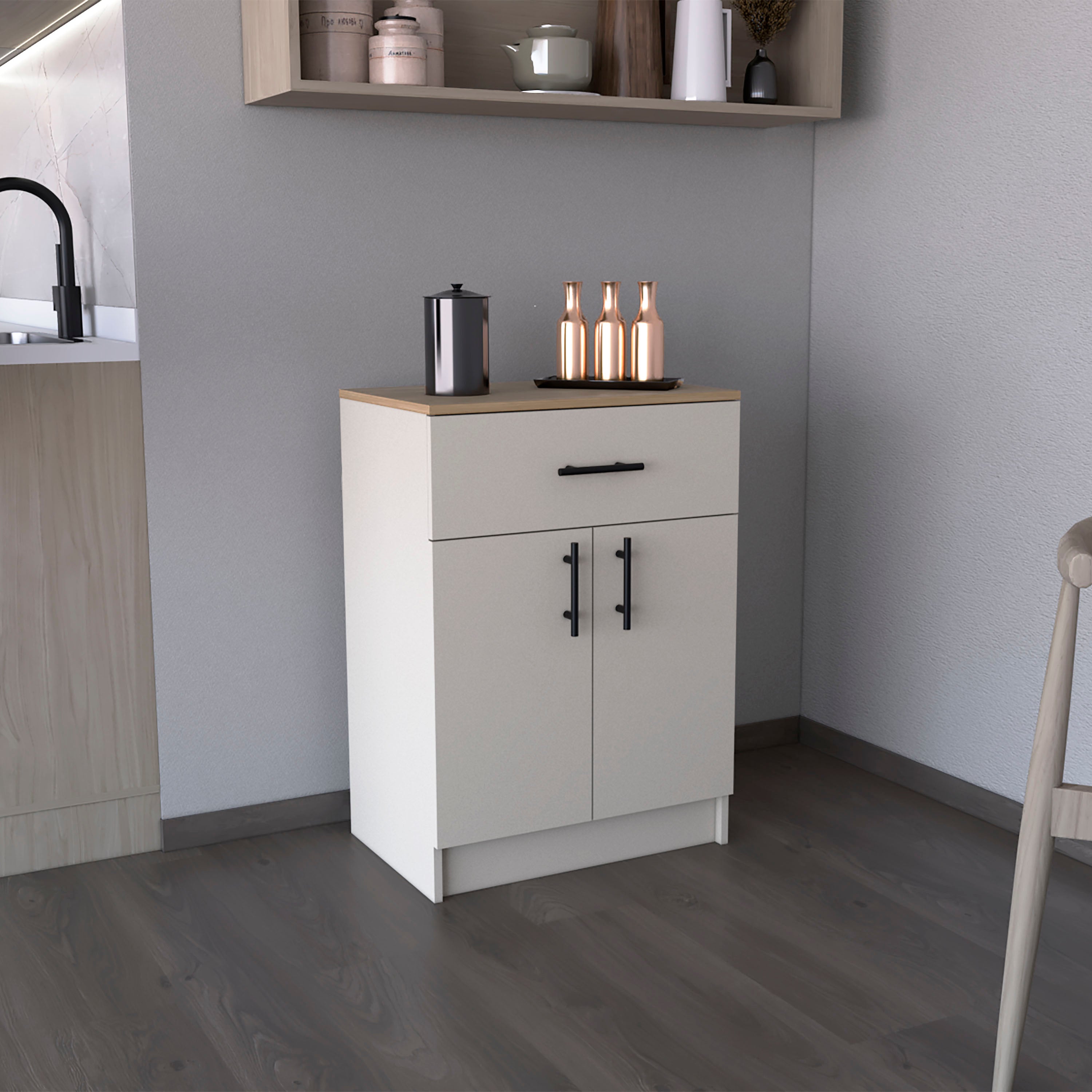 Barbados Pantry Organizer Cabinet with One Drawer, Two Interior Shelves, and Two Doors, Ivory / Natural Oak - Luciddepo