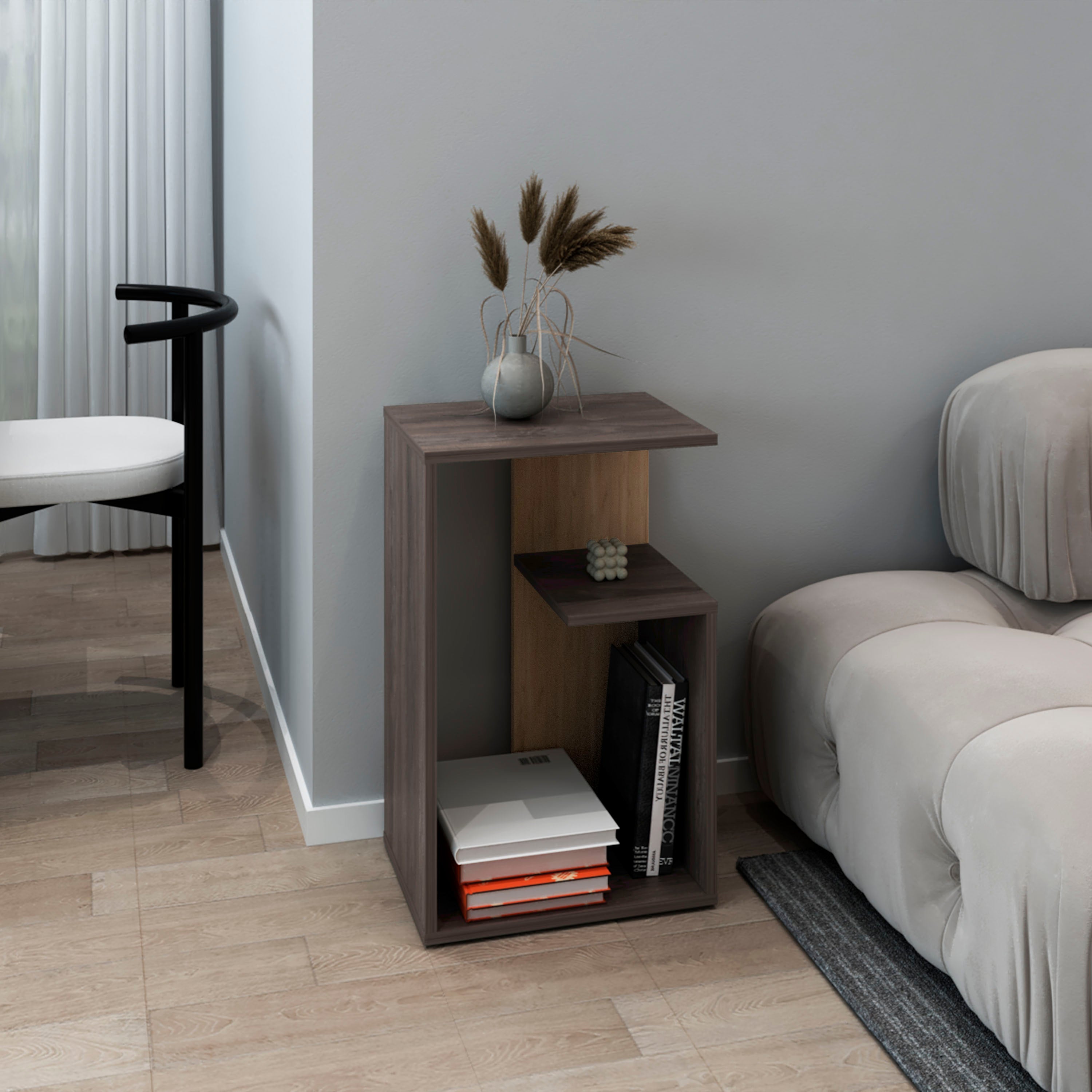 Stebbins Side Table, 2 Shelves, Carbon Espresso / Natural Oak - Luciddepo