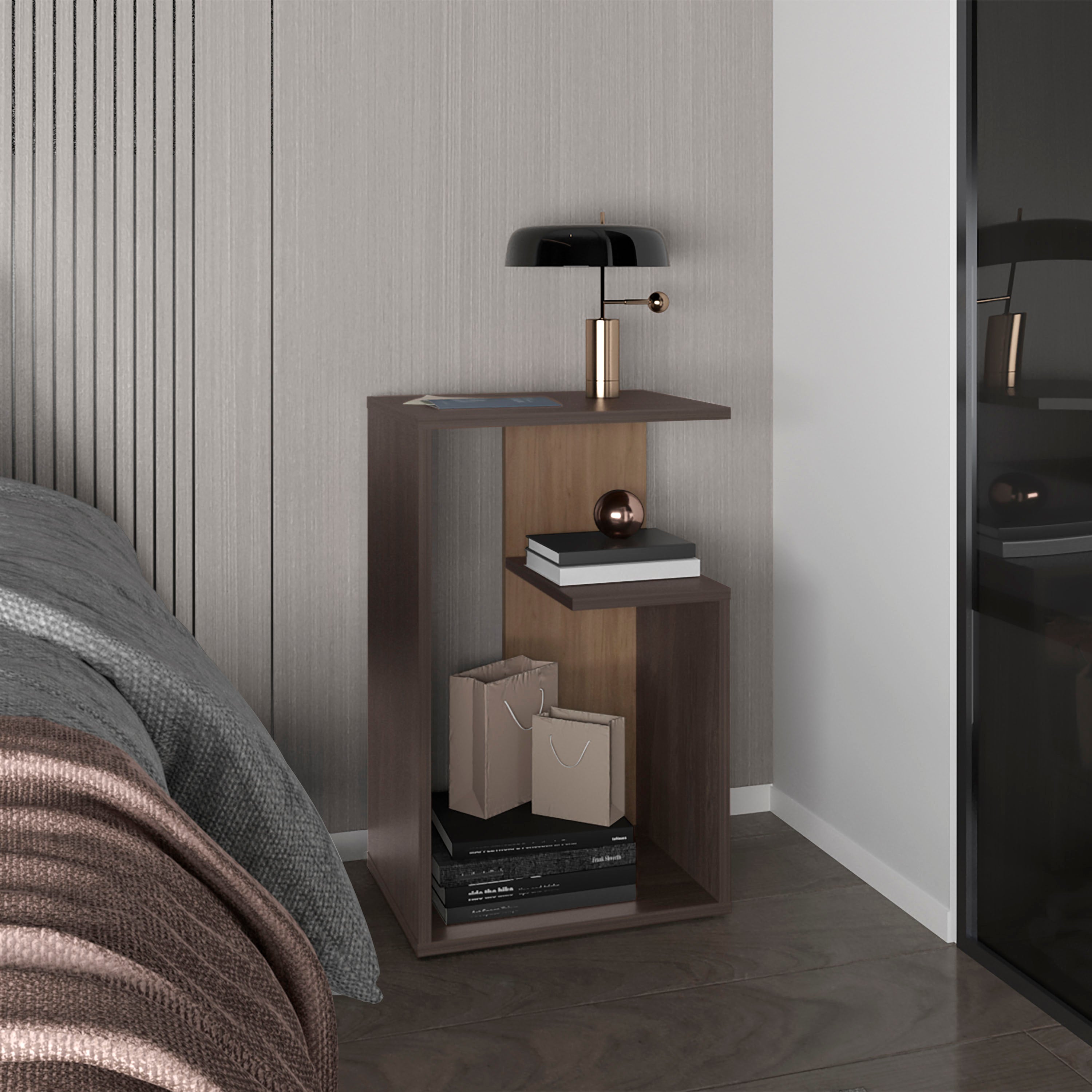 Stebbins Side Table, 2 Shelves, Carbon Espresso / Natural Oak - Luciddepo