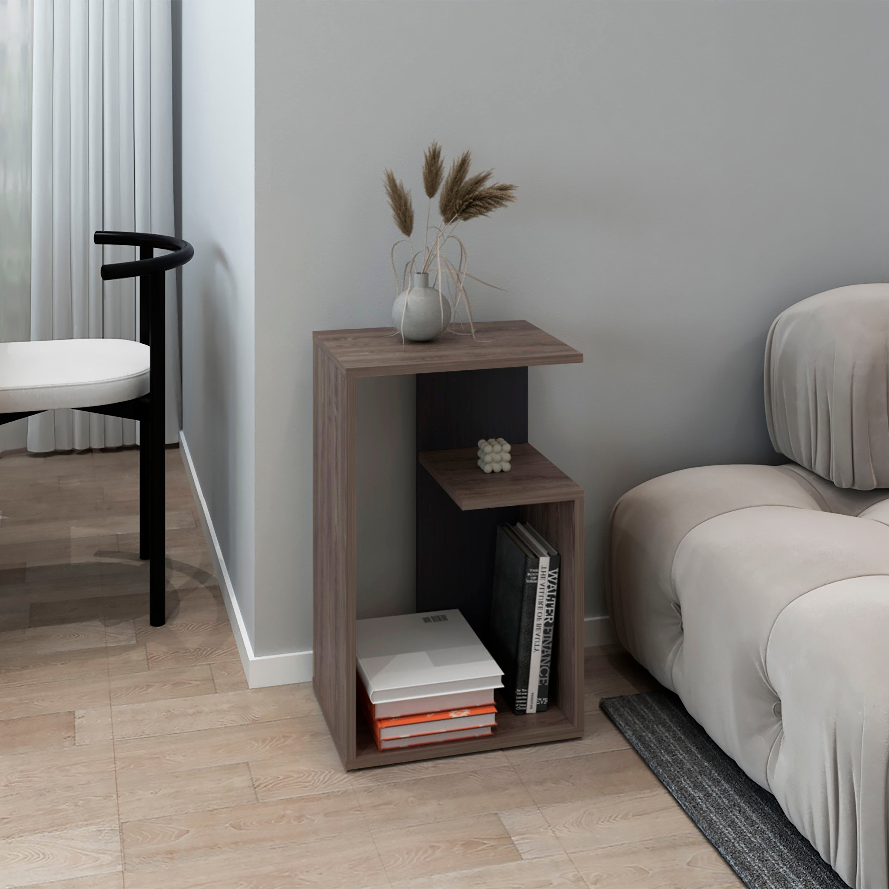 Stebbins Side Table, 2 Shelves, Dark Walnut / Black Wengue - Luciddepo