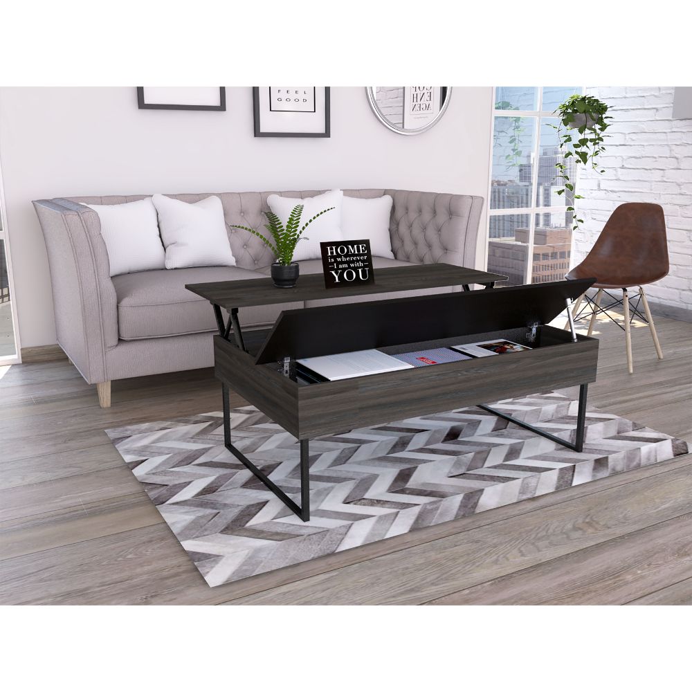 Ocean Lift Top Coffee Table, Two Legs, Two Shelves, Carbon Espresso - Luciddepo