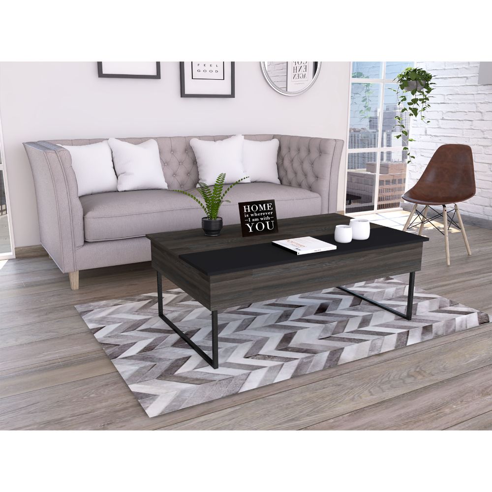 Ocean Lift Top Coffee Table, Two Legs, Two Shelves, Carbon Espresso - Luciddepo