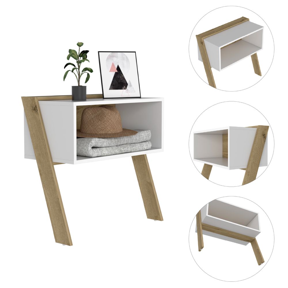 Leticia Nightstand, Two Legs, One Shelf, Superior Top, Light Oak / White - Luciddepo