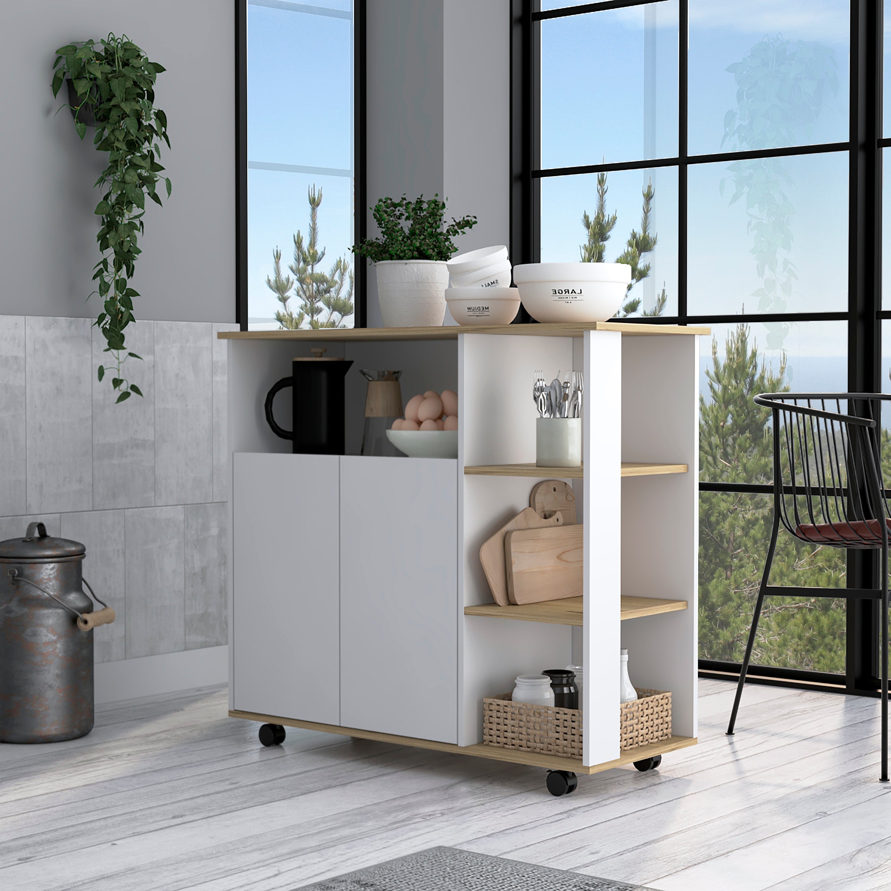 St. Thomas Kitchen Cart, Four Open Shelves, Double Door Cabinet, Four Casters, Light Oak / White - Luciddepo