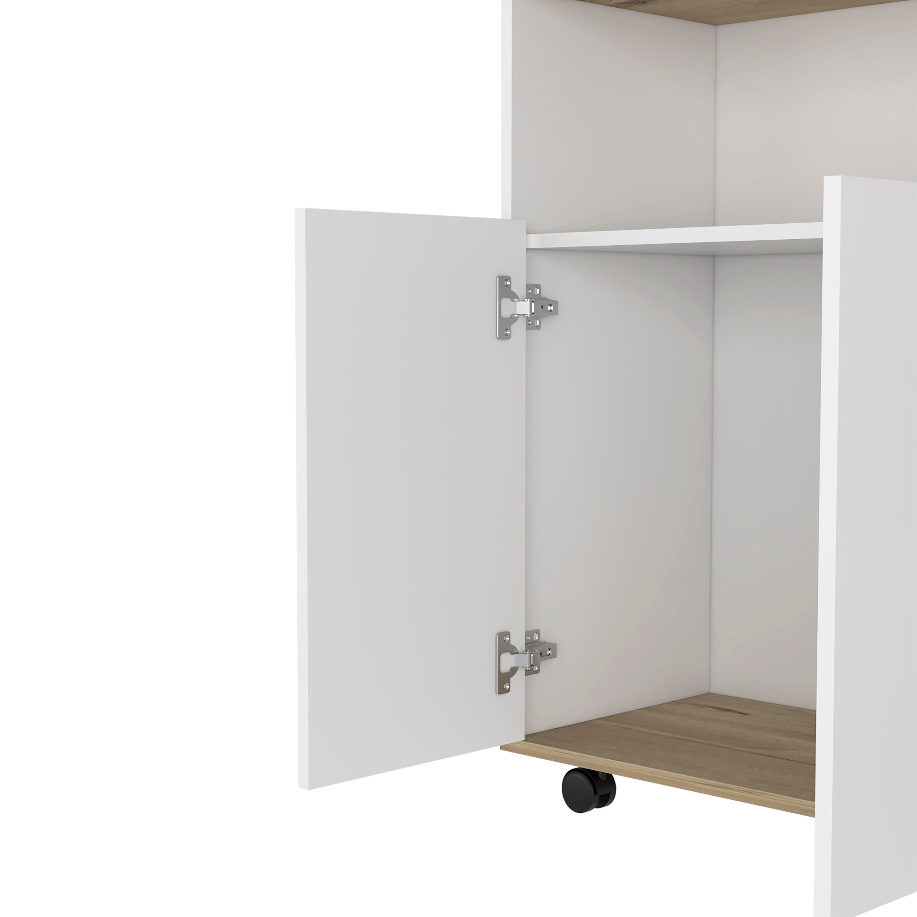 St. Thomas Kitchen Cart, Four Open Shelves, Double Door Cabinet, Four Casters, Light Oak / White - Luciddepo