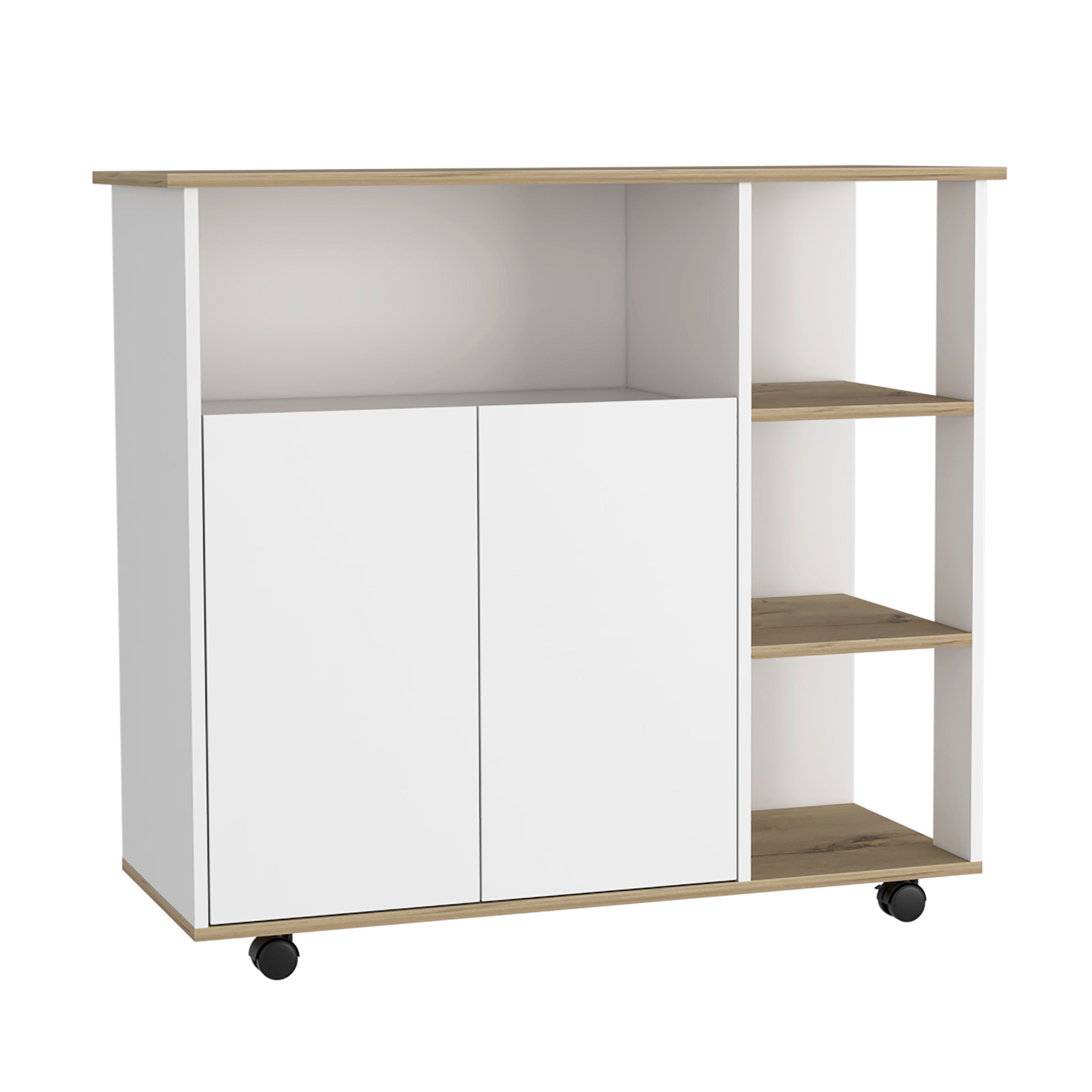 St. Thomas Kitchen Cart, Four Open Shelves, Double Door Cabinet, Four Casters, Light Oak / White - Luciddepo