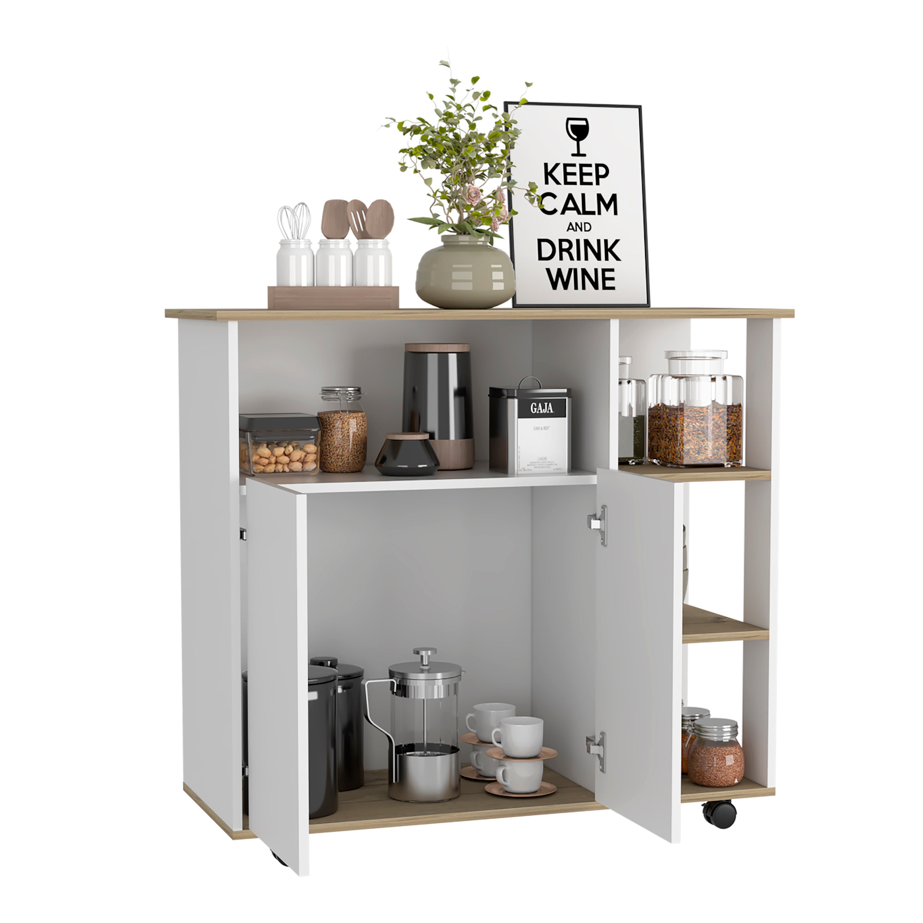 St. Thomas Kitchen Cart, Four Open Shelves, Double Door Cabinet, Four Casters, Light Oak / White - Luciddepo