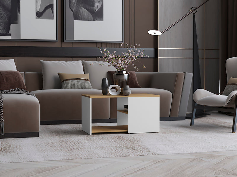 Faison Coffee Table, 2 Shelves, White / Natural Oak - Luciddepo