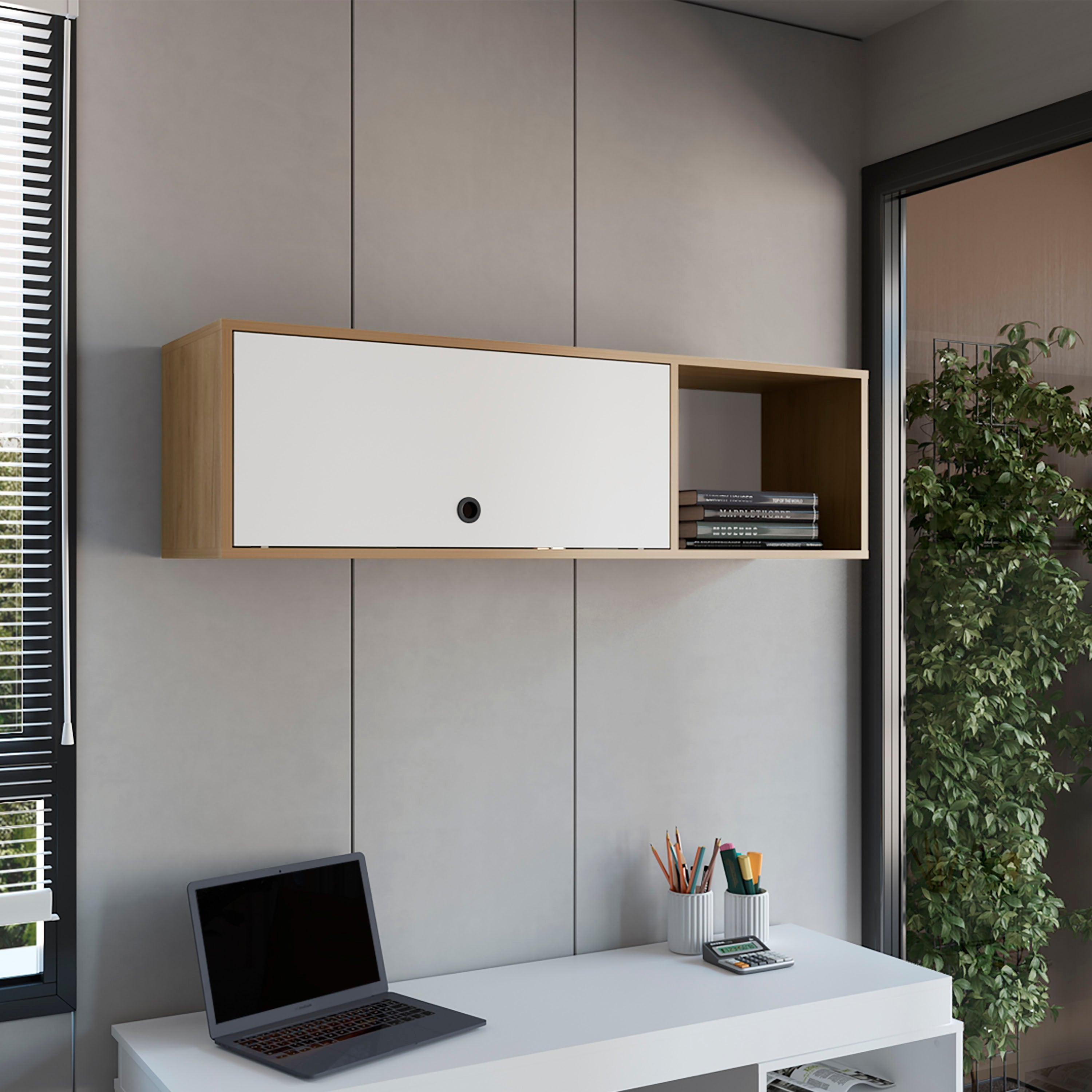 Somerset Wall Cabinet, 1 Door, 3 Shelves, Natural Oak / White - Luciddepo