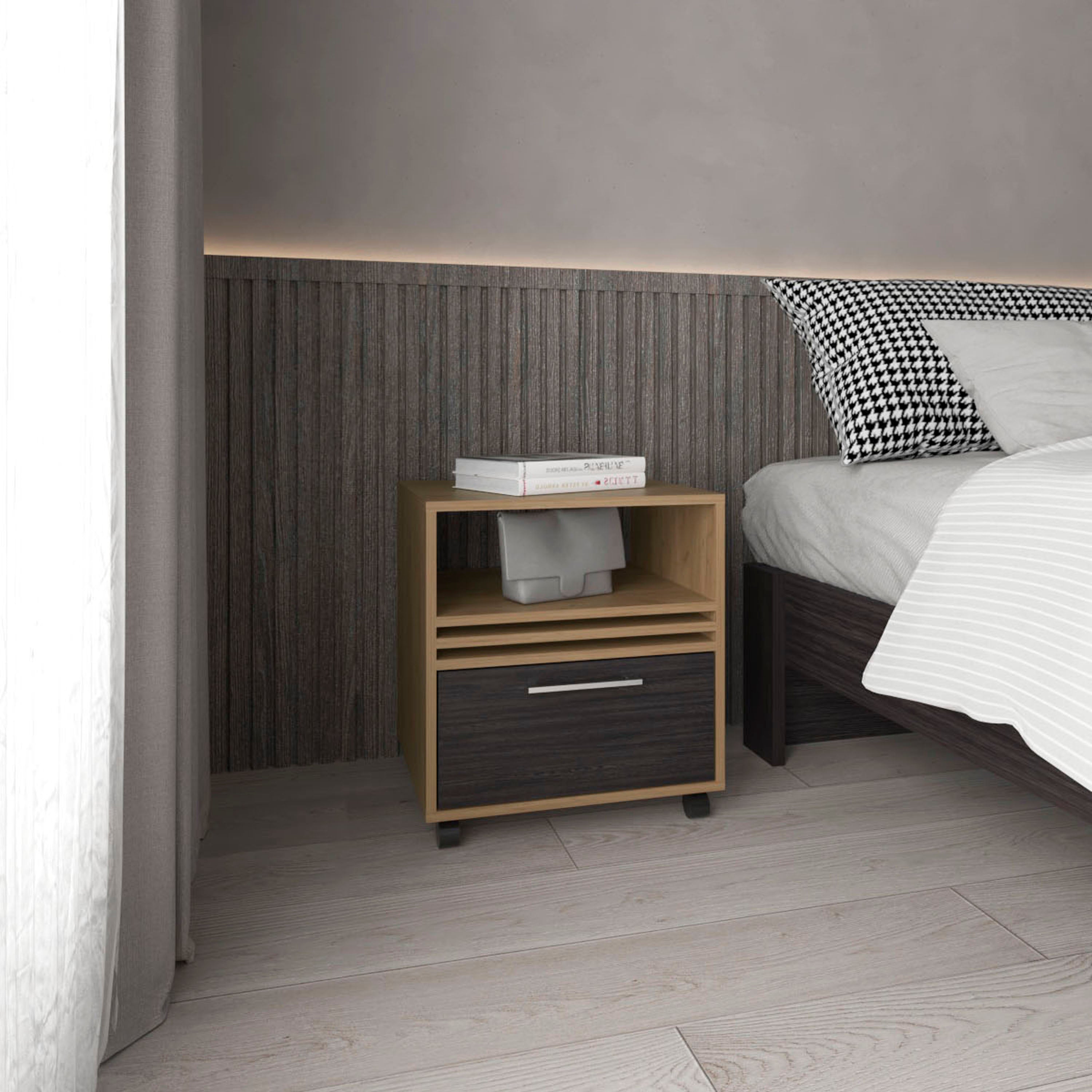 Alsen Nightstand, 1 Drawer, 4 Wheels, 1 Shelf, Natural Oak / Black - Luciddepo