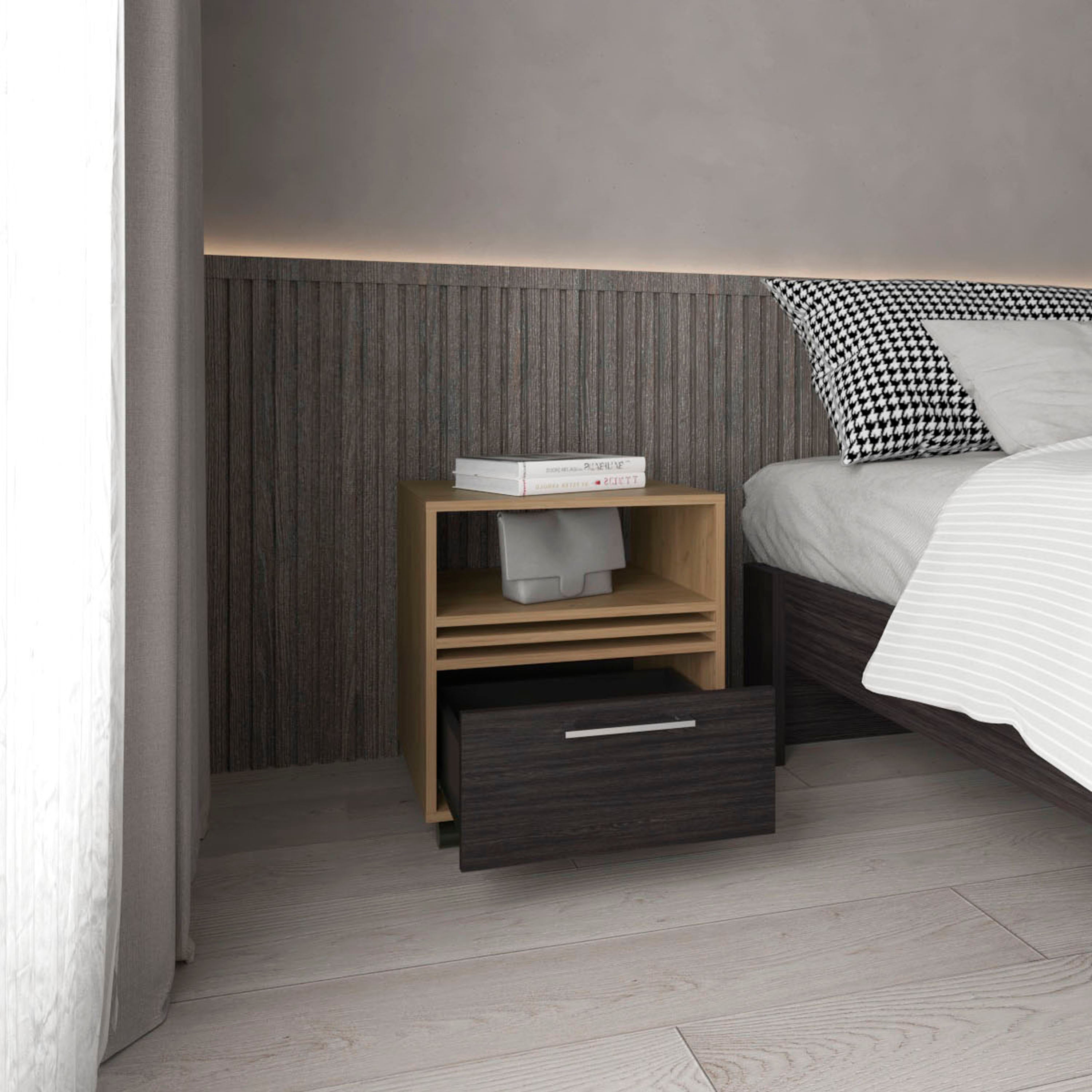 Alsen Nightstand, 1 Drawer, 4 Wheels, 1 Shelf, Natural Oak / Black - Luciddepo