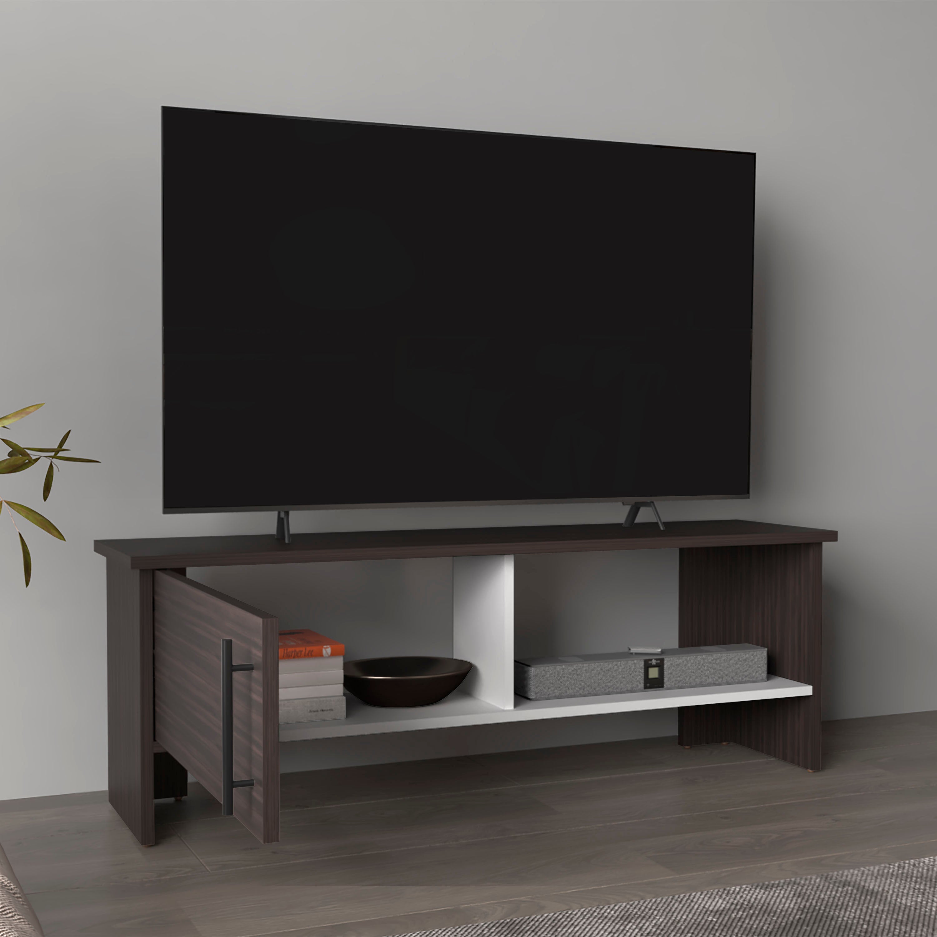 Trenton TV Stand, 1 Door, 1 Shelf, Dark Oak / White - Luciddepo