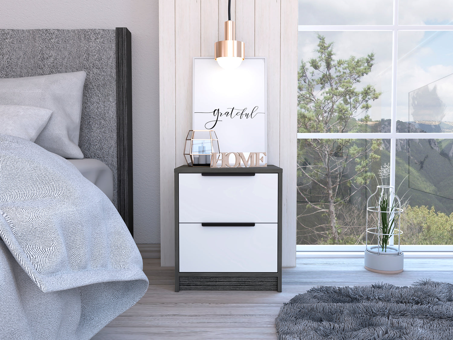 Egeo Nightstand, Two Drawers, Superior Top, Smokey Oak / White - Luciddepo