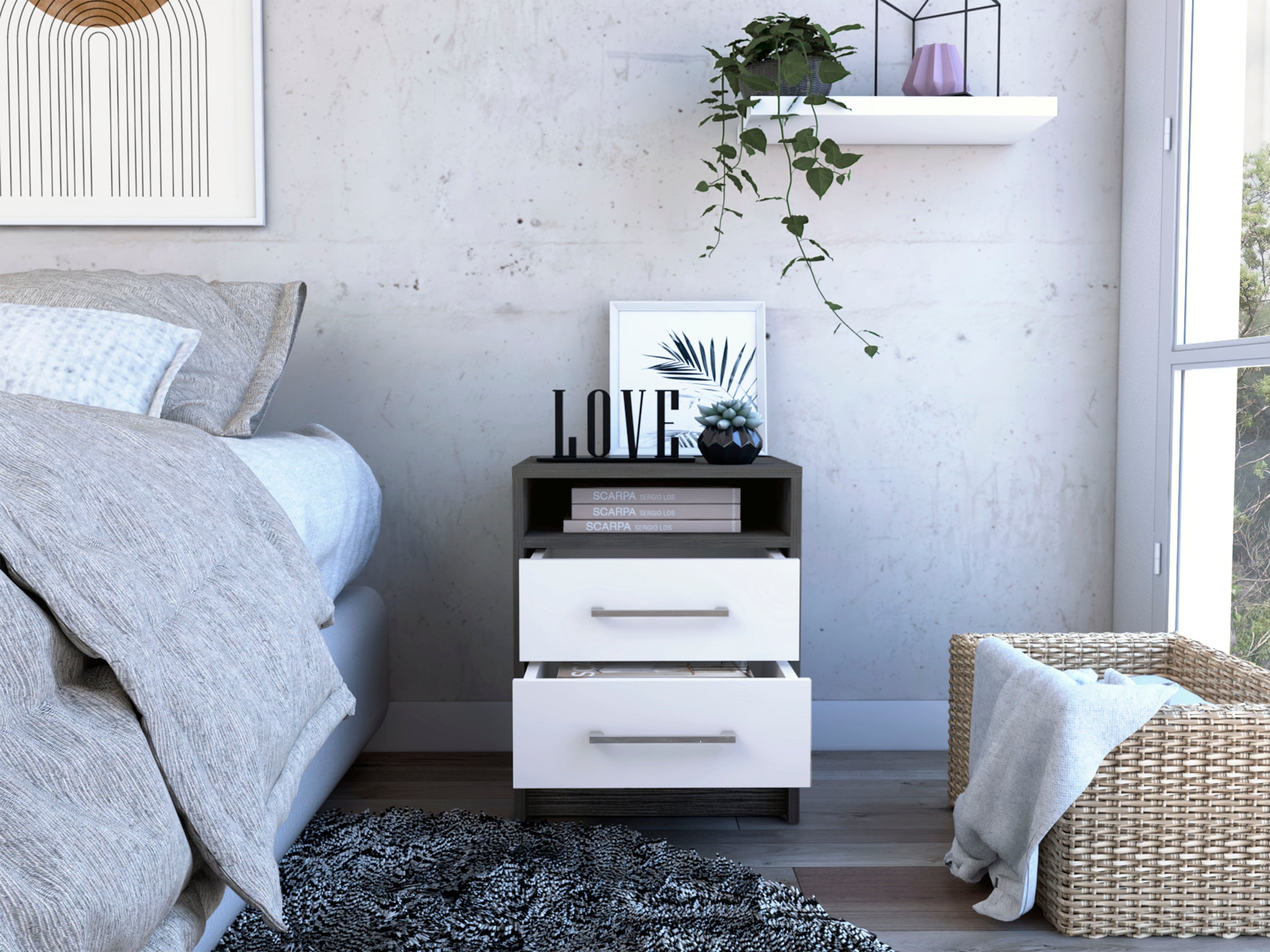 Leyva Nightstand, Two Drawers, Superior Top, Smokey Oak / White - Luciddepo