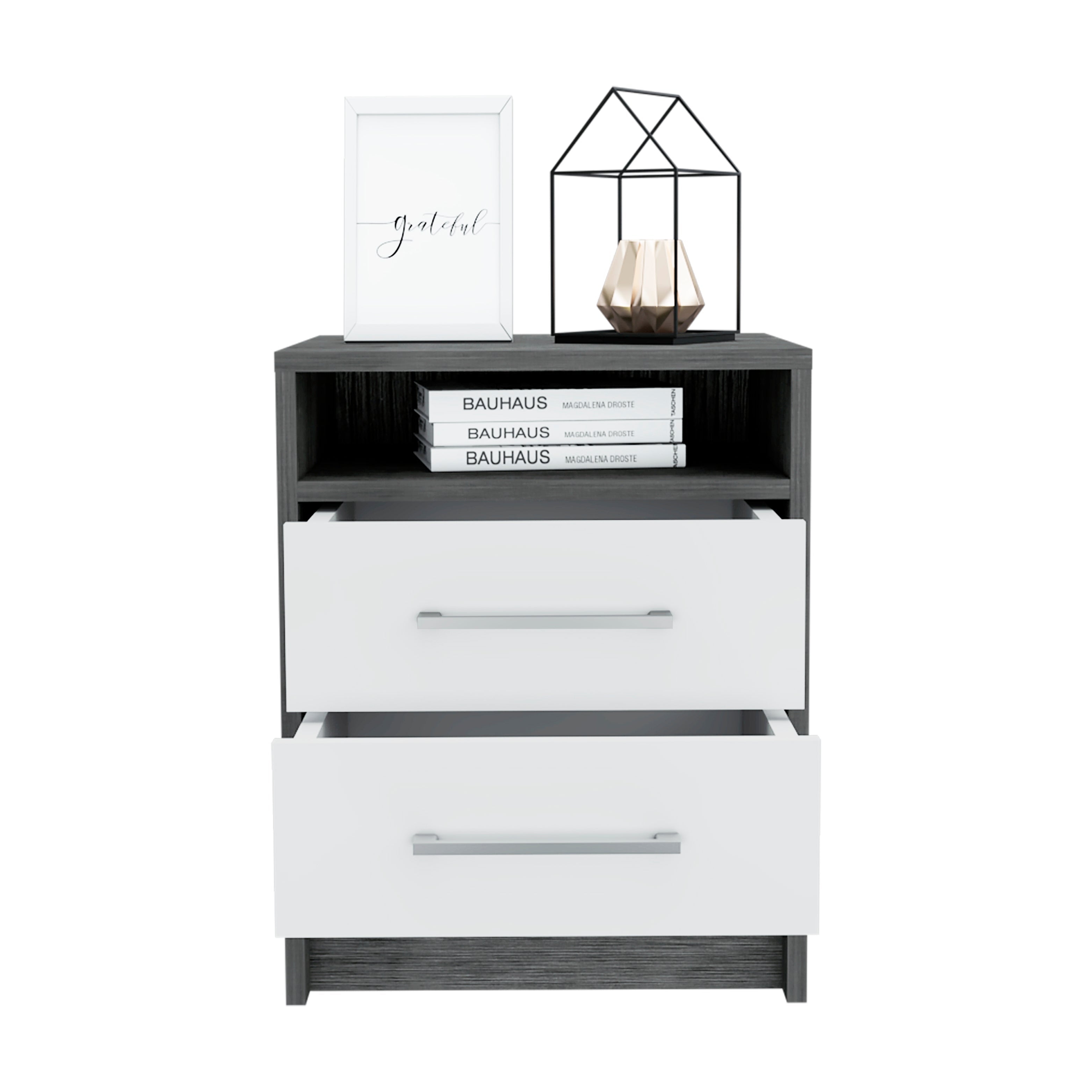 Leyva Nightstand, Two Drawers, Superior Top, Smokey Oak / White - Luciddepo