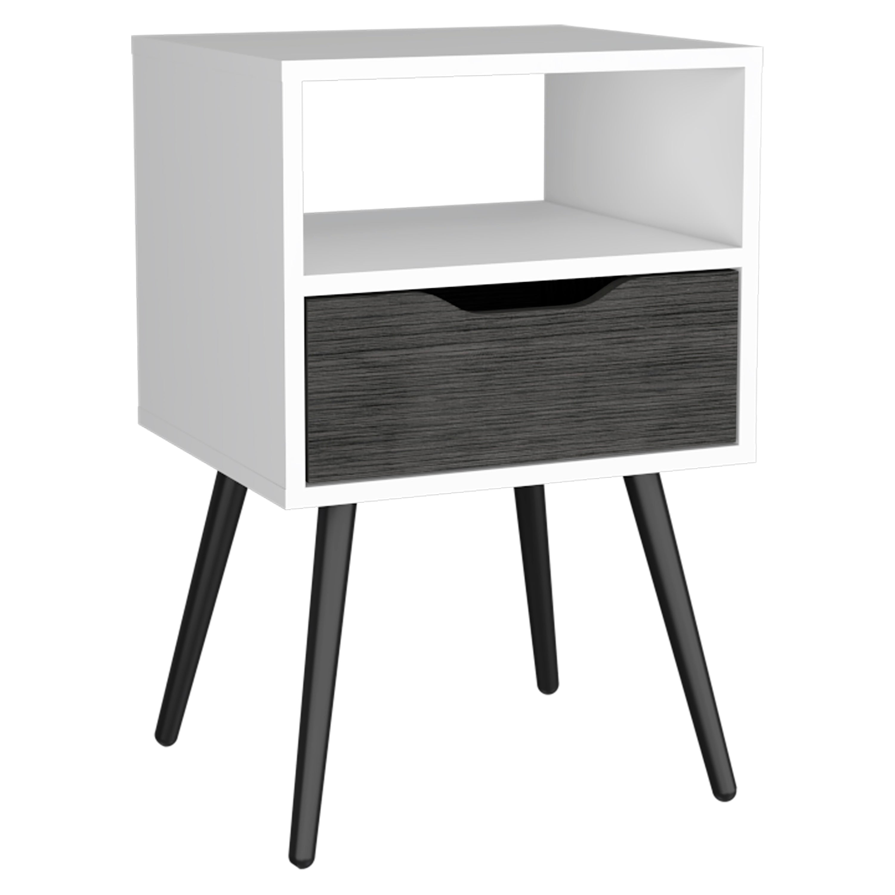 Emma Nightstand, Superior Top, Four Legs, One Open Shelf, One Drawer, Smokey Oak / White - Luciddepo
